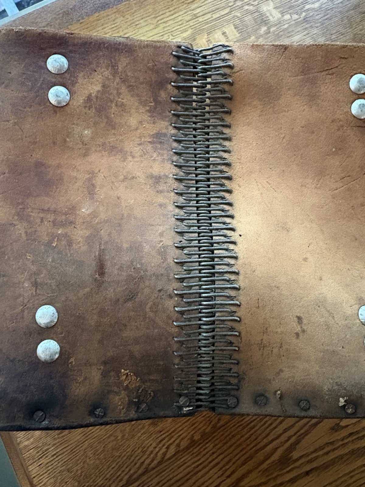 Early 20th century industrial riveted & stitched mechanic Leather Wood tool bag