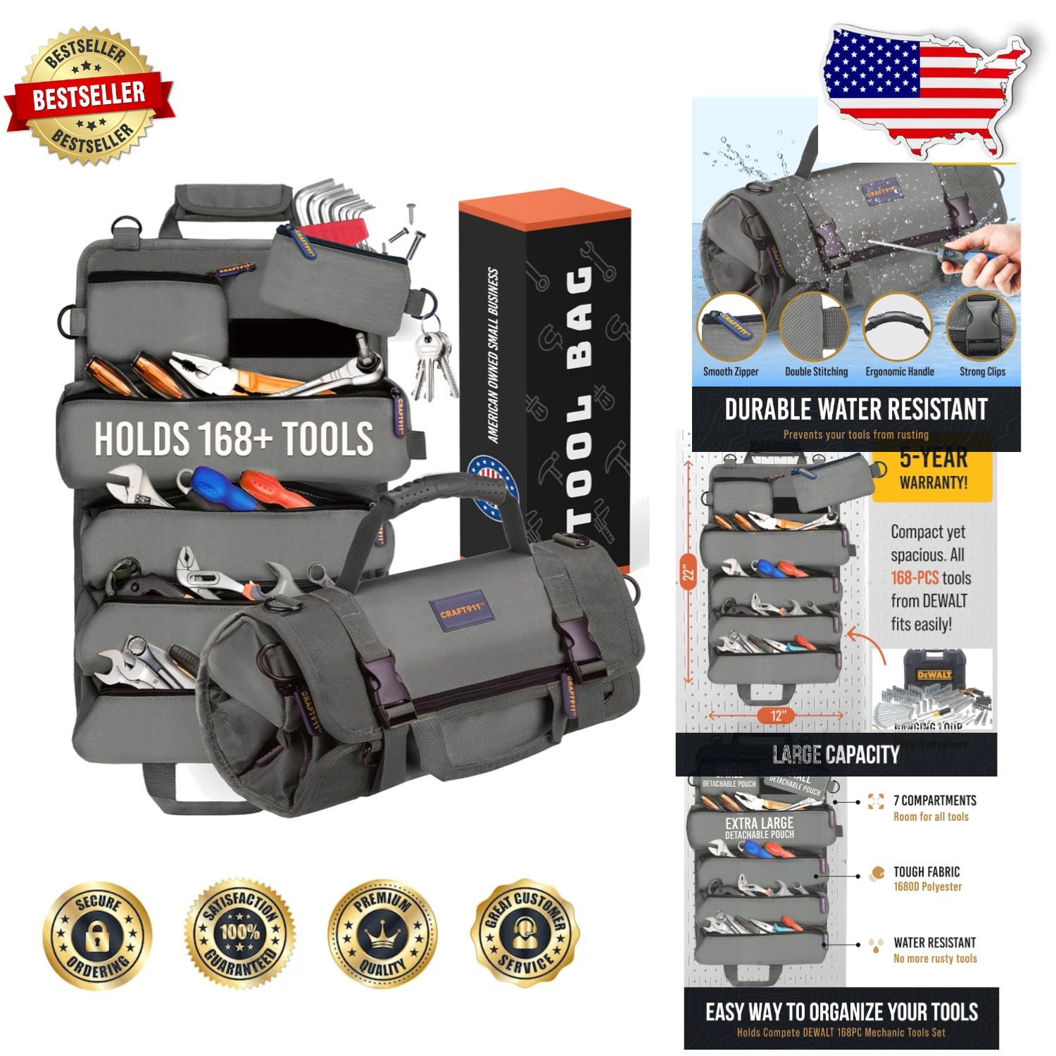 Compact Tool Bag Roll Gray Polyester Lifetime 6 Pouch