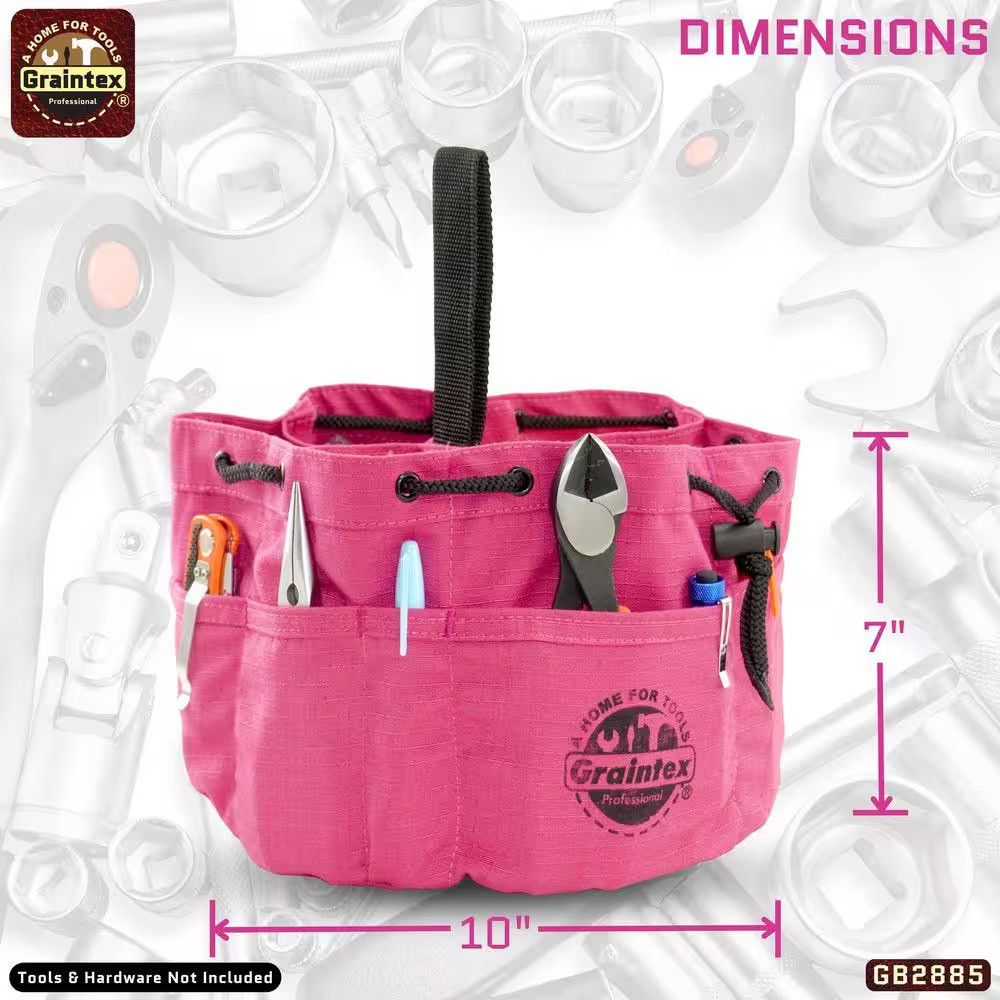 10 In. 18-Pocket Grab Tool Bag with Drawstring Closure in Pink Canvas