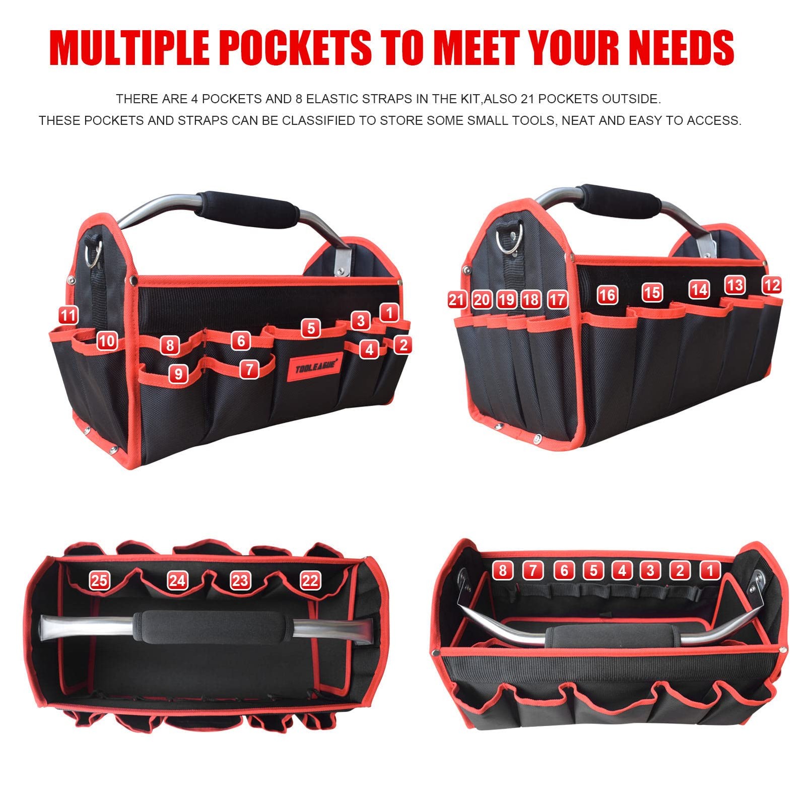 19 Inches Heavy Duty Tool Bag 25 Pockets,1680D Fabric Tool Bags with Strong M…