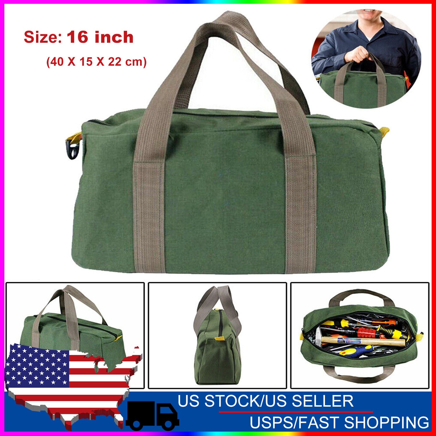 16” HEAVY DUTY GREEN MILITARY STYLE MECHANICS HARD BOTTOM TOOL BAG ZIPPER