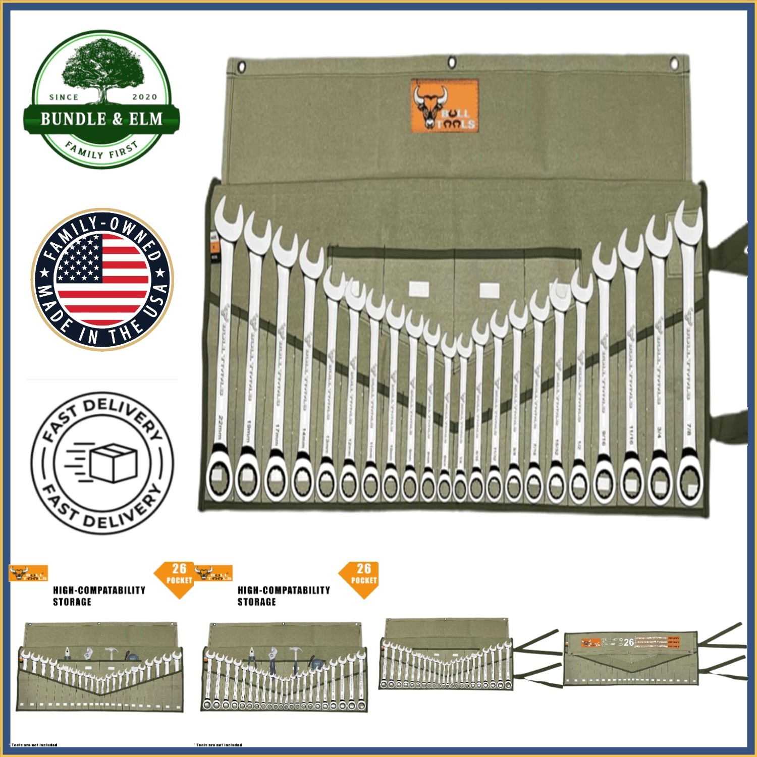 Cotton Canvas Wrench Roll with 26 Pockets – Perfect for Electricians & Mechanics