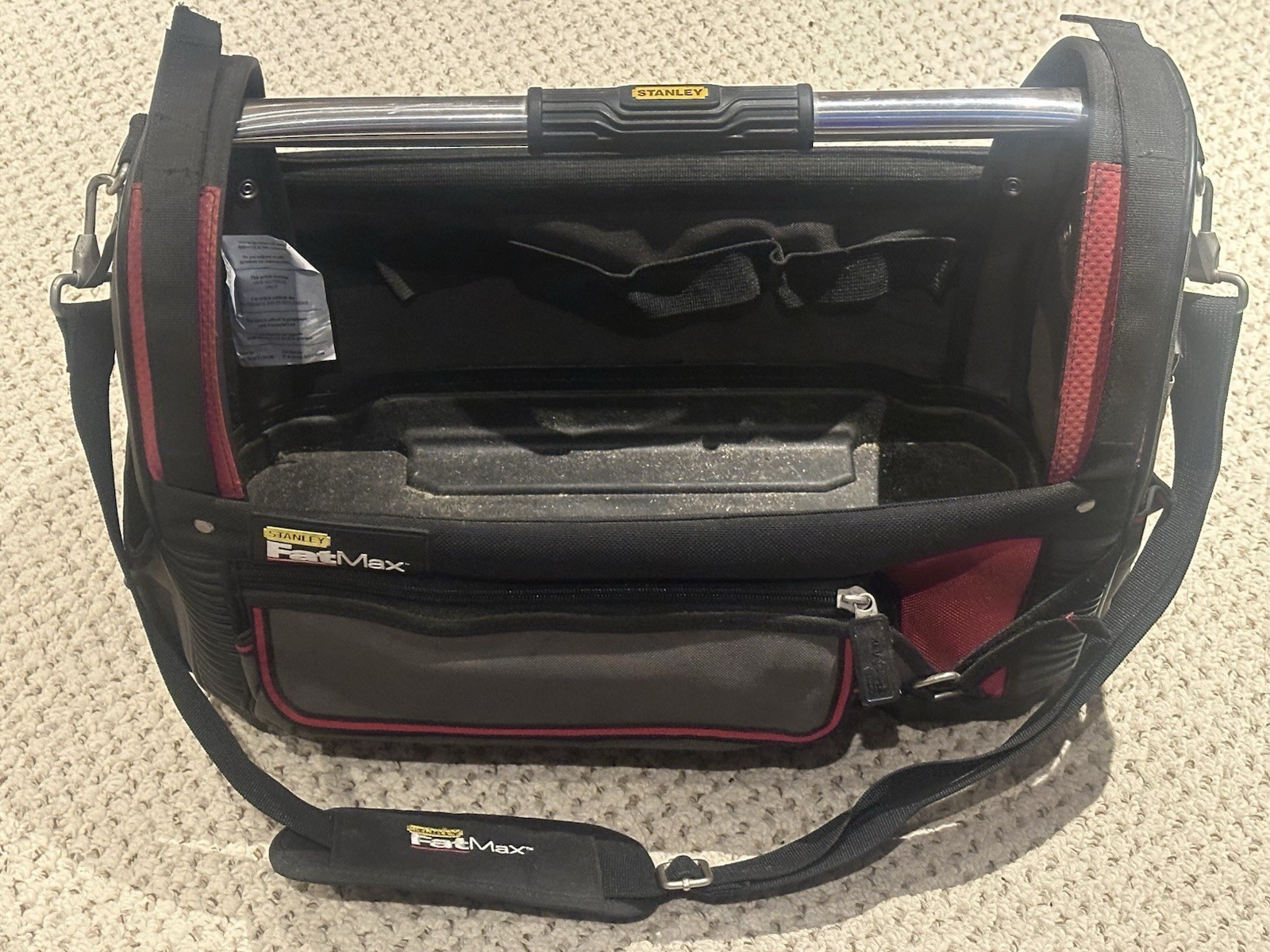 Stanley 1-93-951 FatMax Open Tote Tool Bag in Black & Red, 18” Metal Bar Handle