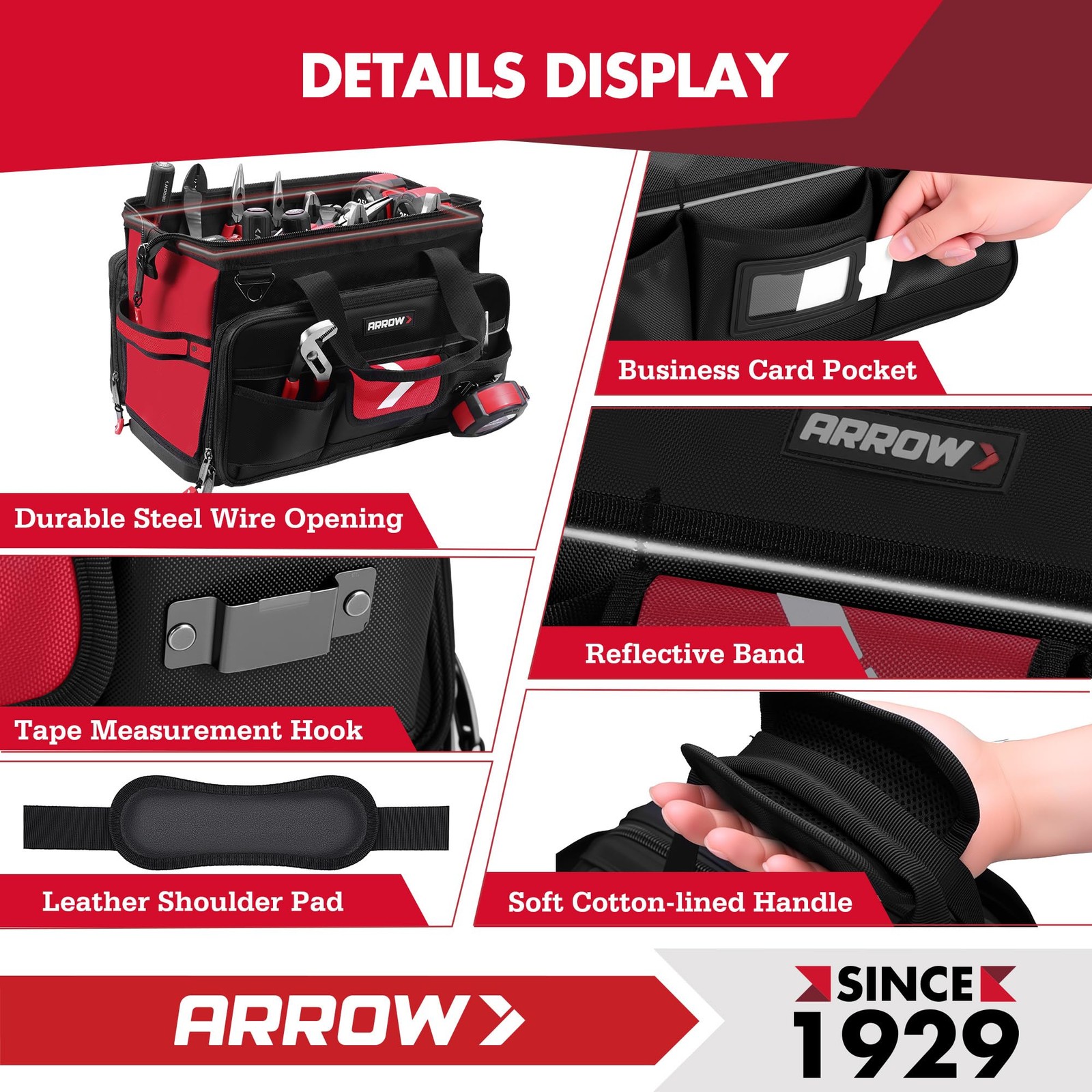 ARROW 17″ Large Tool Bag with 36 Multipurpose Pockets, 17 Inch, Red & Black