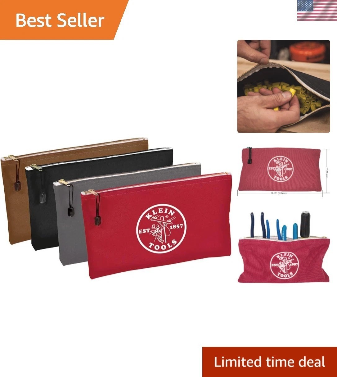 Versatile 12.5 x 7-Inch Zipper Tool Bags in Red, Gray, Black, Brown – 4-Pack