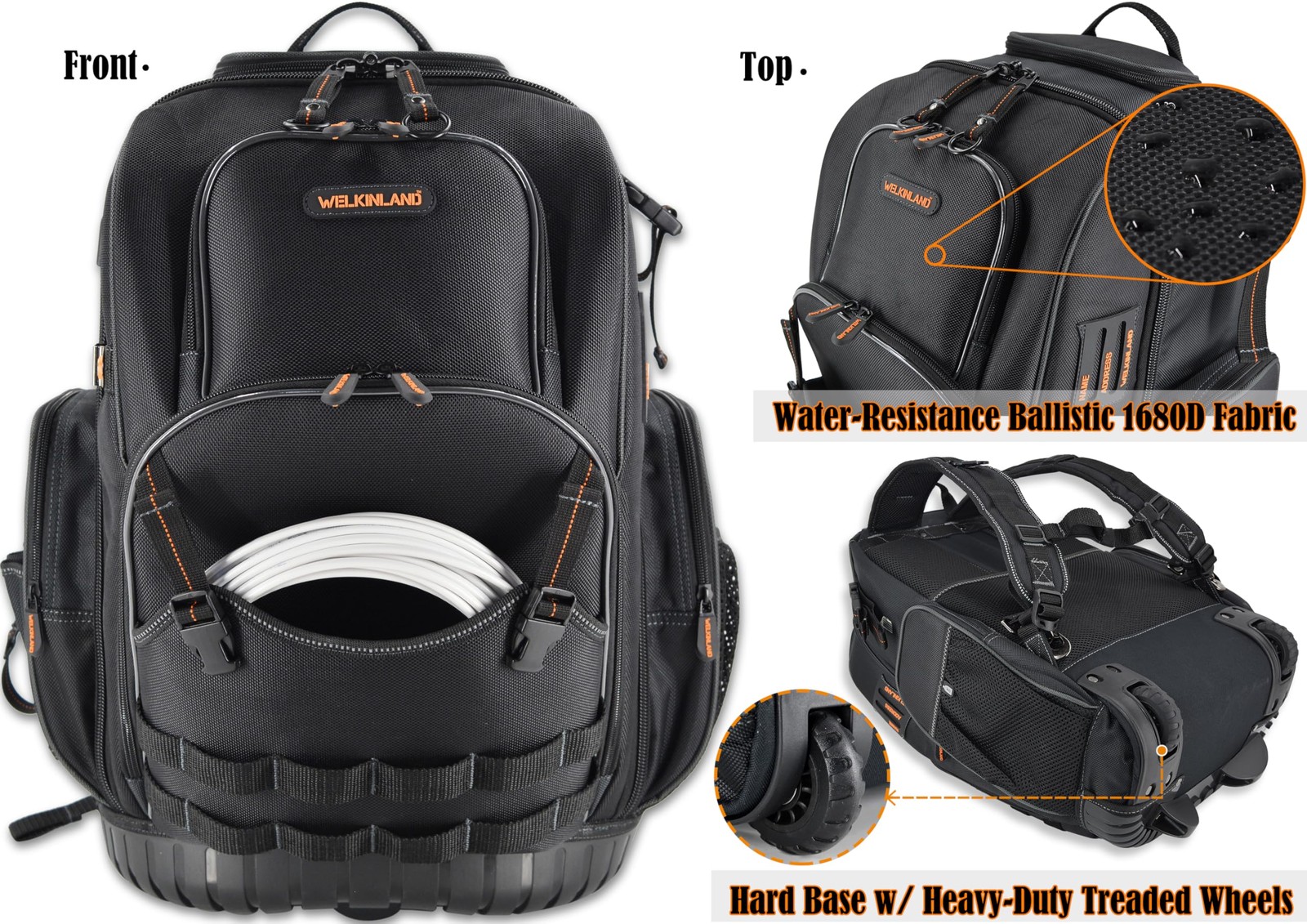 WELKINLAND 72Pockets Rolling Tool backpack, Large tool bag with wheels
