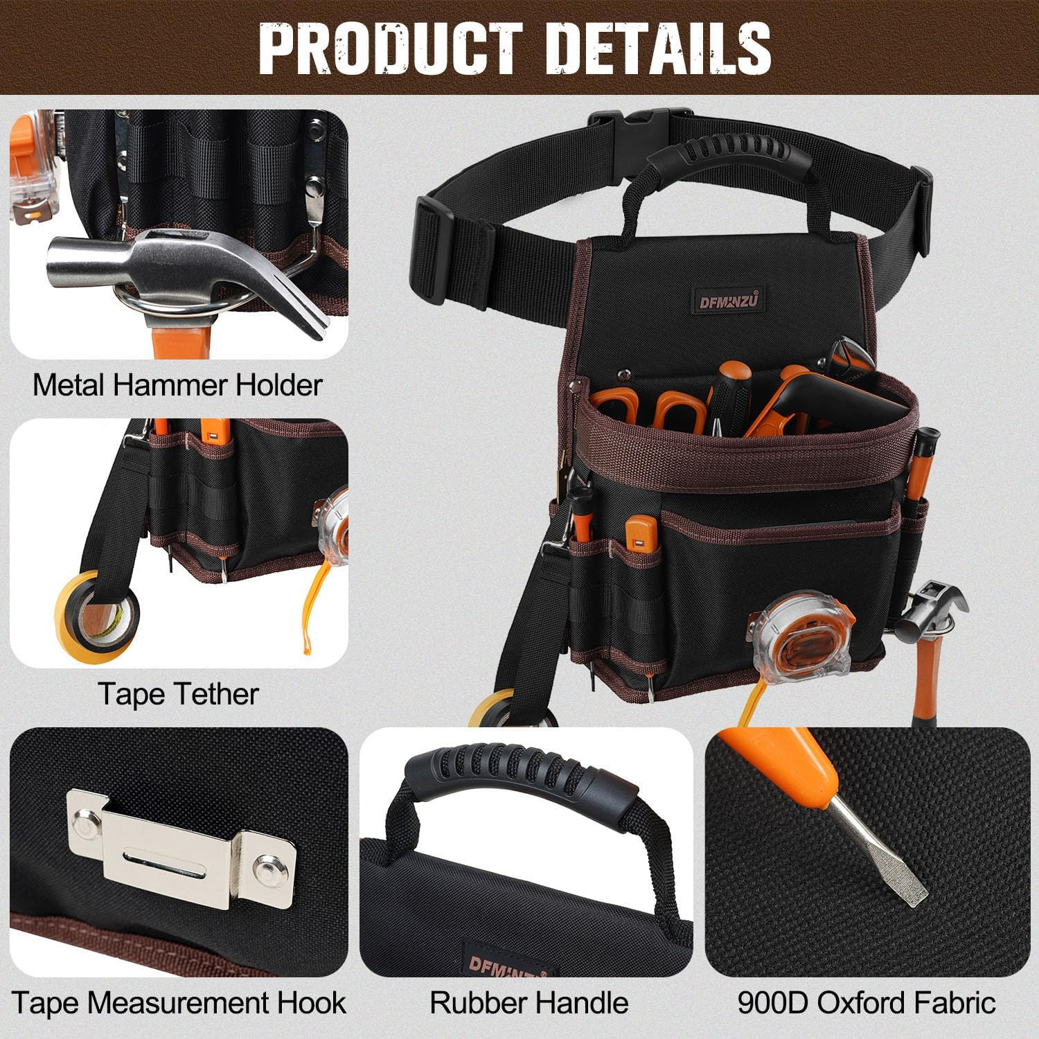 Electrician Tool Pouch, 10 Pockets Tool Belt Pouches with Hammer Holder, Adjusta