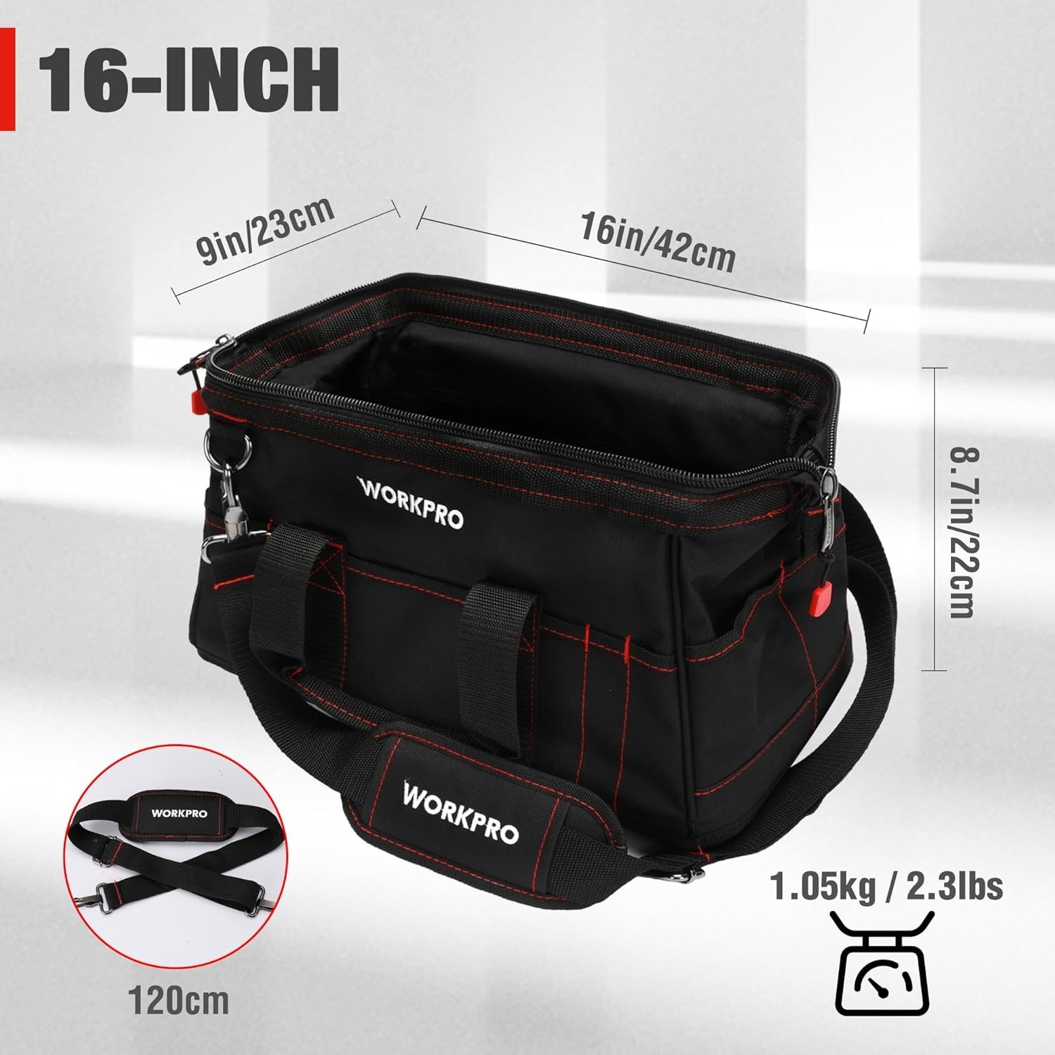 16-Inch Tool Bag with Large Interior and Padded Handle for Durability