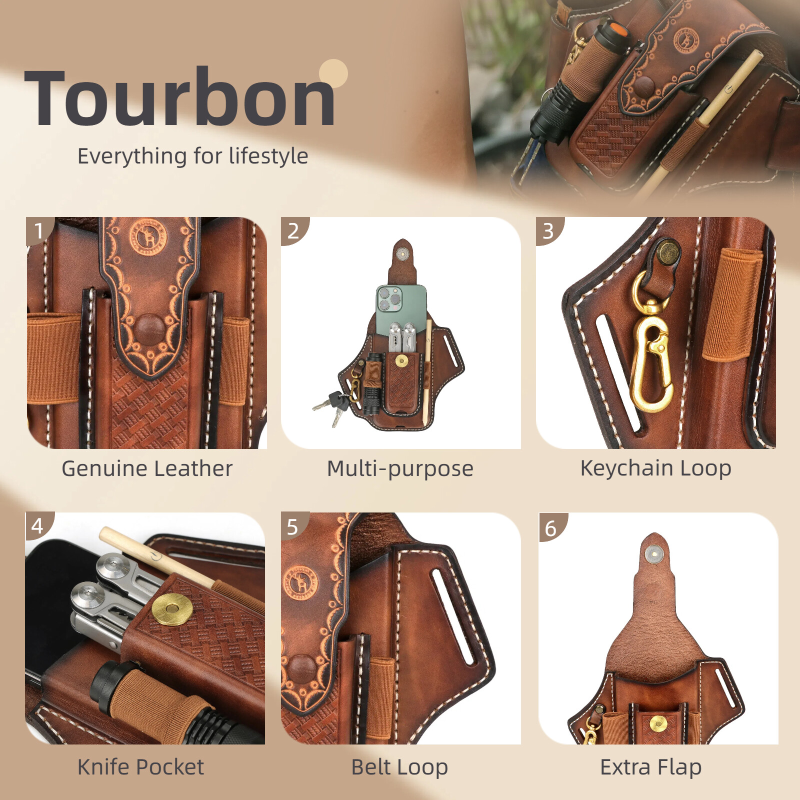 Tourbon Leather EDC Multitool Carry Sheath Belt Holster Pen Pouch Phone Case