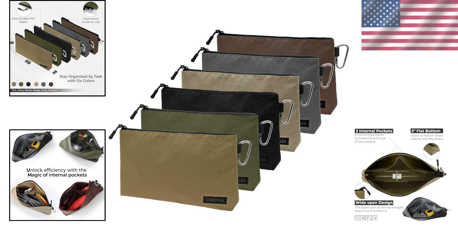 Canvas Storage Pouch Set, Flat Bottom, 6-Pack, YKK Zipper