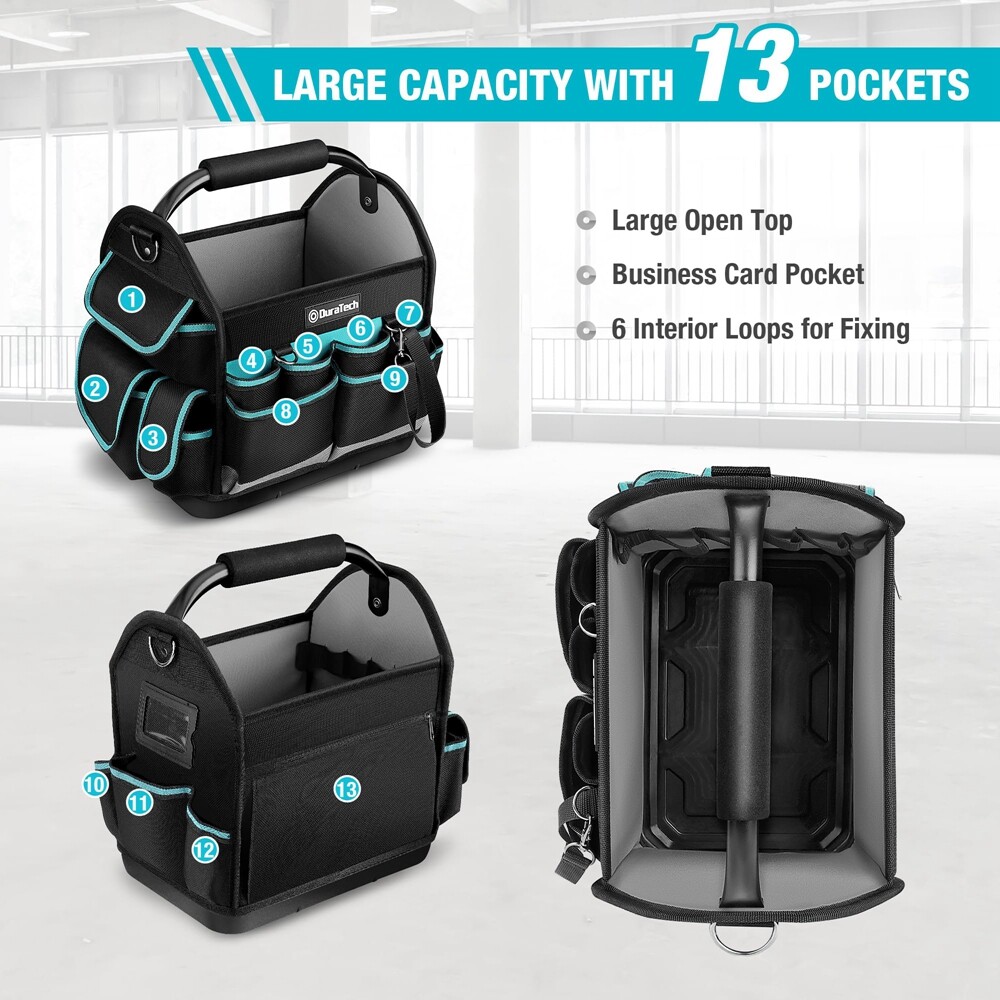 DURATECH 12″ Tool Tote Open Top Tool Bag Wide Mouth Tool Bag Tote w/Multi-Pocket