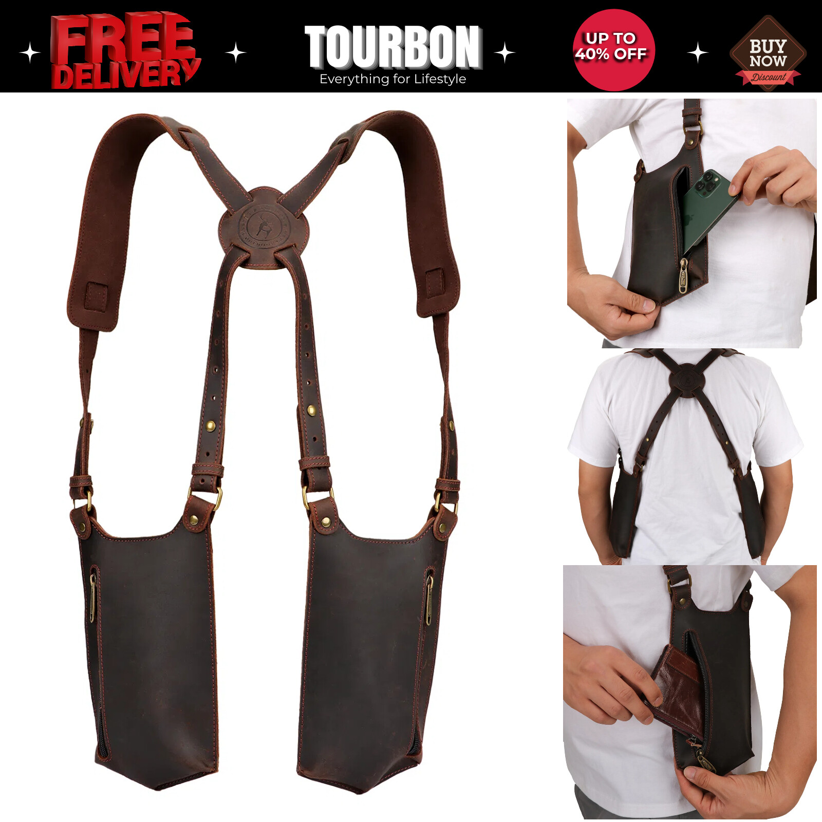 TOURBON Leather Concealed Double Underarm Shoulder Holster Bag Phone Case Wallet