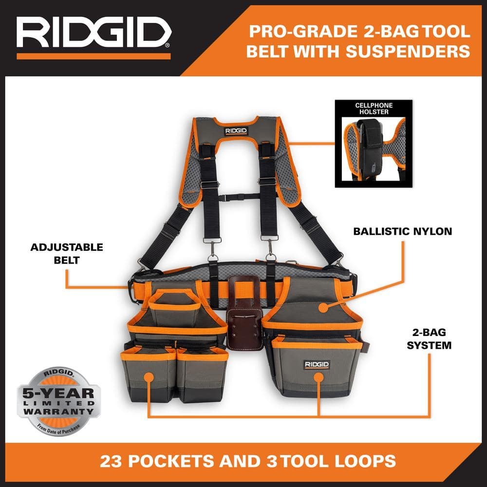 RIDGID 29 in. 23 Pocket Professional Grade 2-Bag Tool Belt w/ Suspenders