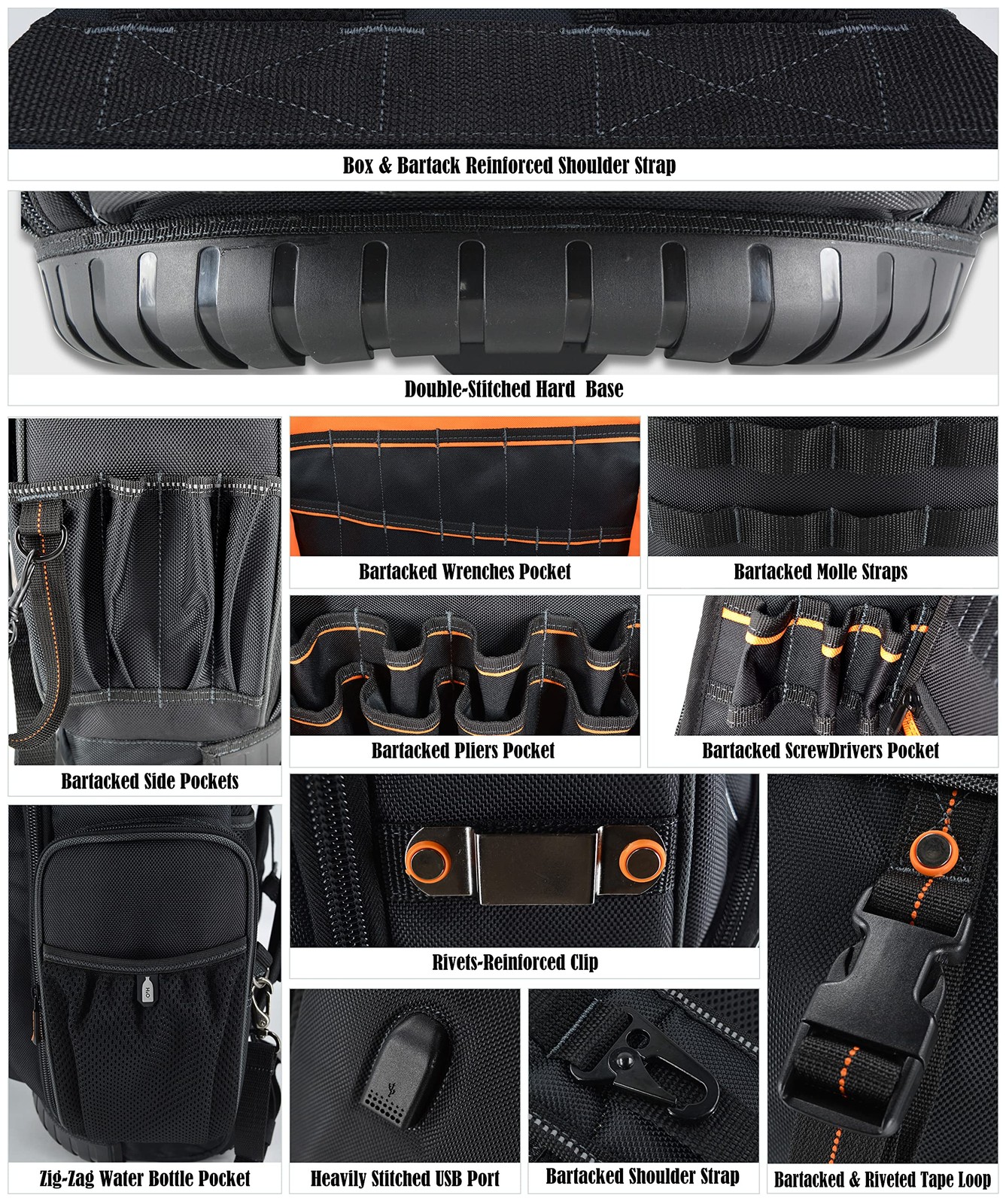 WELKINLAND 72Pockets Rolling Tool backpack, Large tool Large, Black w/ Orange