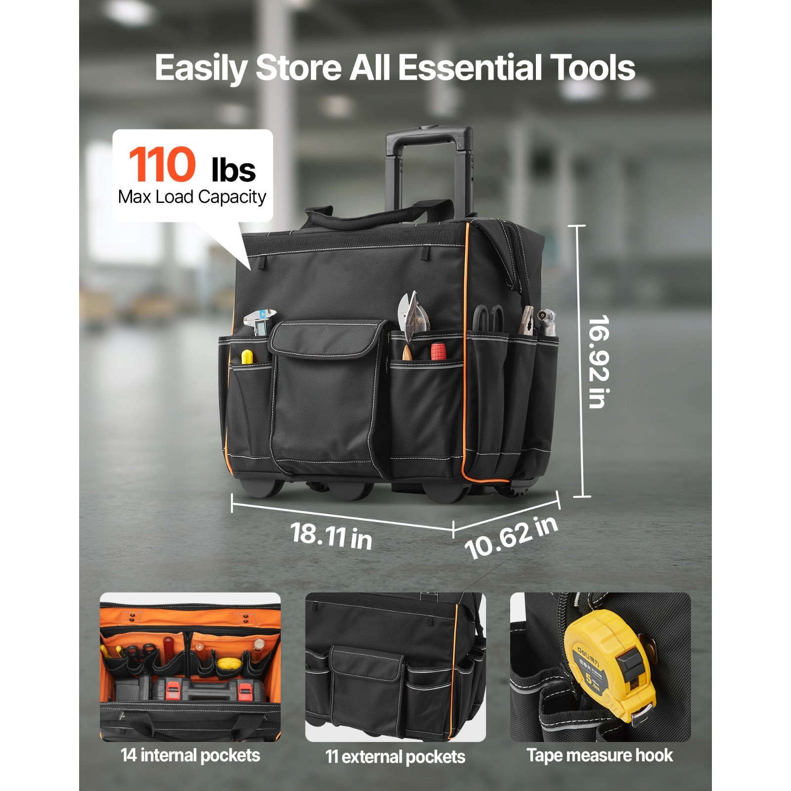 Rolling Tool Bag w/ Wheels, 110 lbs Capacity, 25 Pockets Durable Tool Organizer