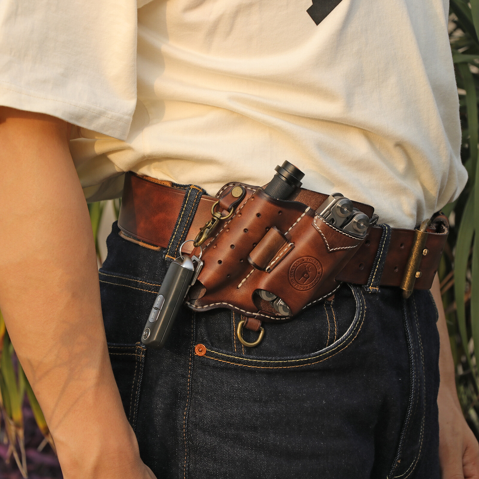 TOURBON Leather EDC Multitool Pouch Flashlight Holder Knife Belt Holster Camping