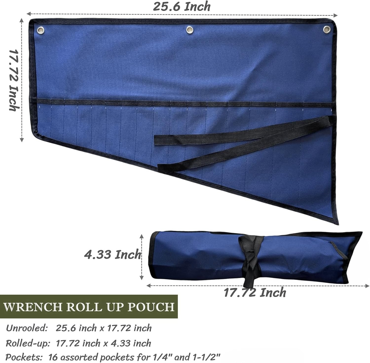 16 Pocket Wrench Roll Up Pouch Tool Organizer Storage Bag for Mechanic Green
