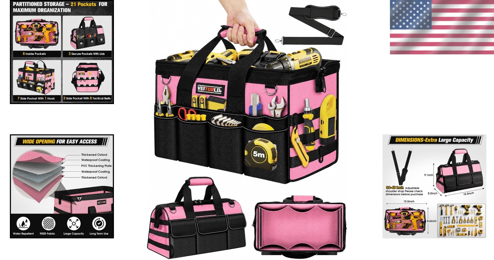 16-Inch Pink Tool Bag with 19 Pockets – Heavy-Duty Organizer for All Needs