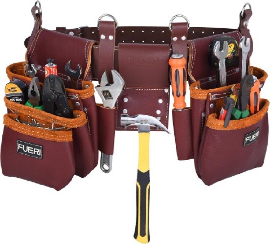 FUERI Leather Tool Belt 17 Pocket Pouches Bags Men Suspenders Holder Organizer