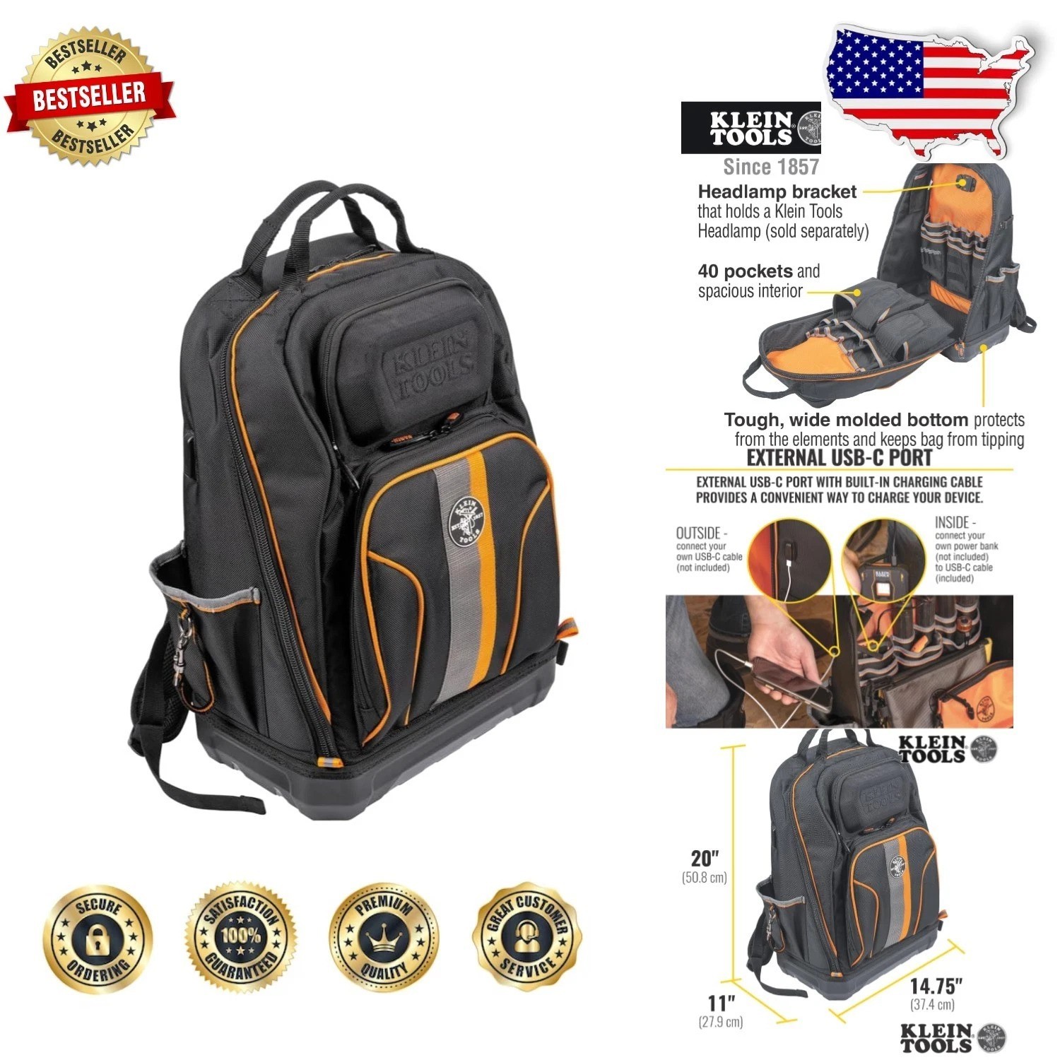 XL Tradesman Pro Tool Backpack, 40 Pockets, Molded Bottom, Jobsite Ready, USB-C