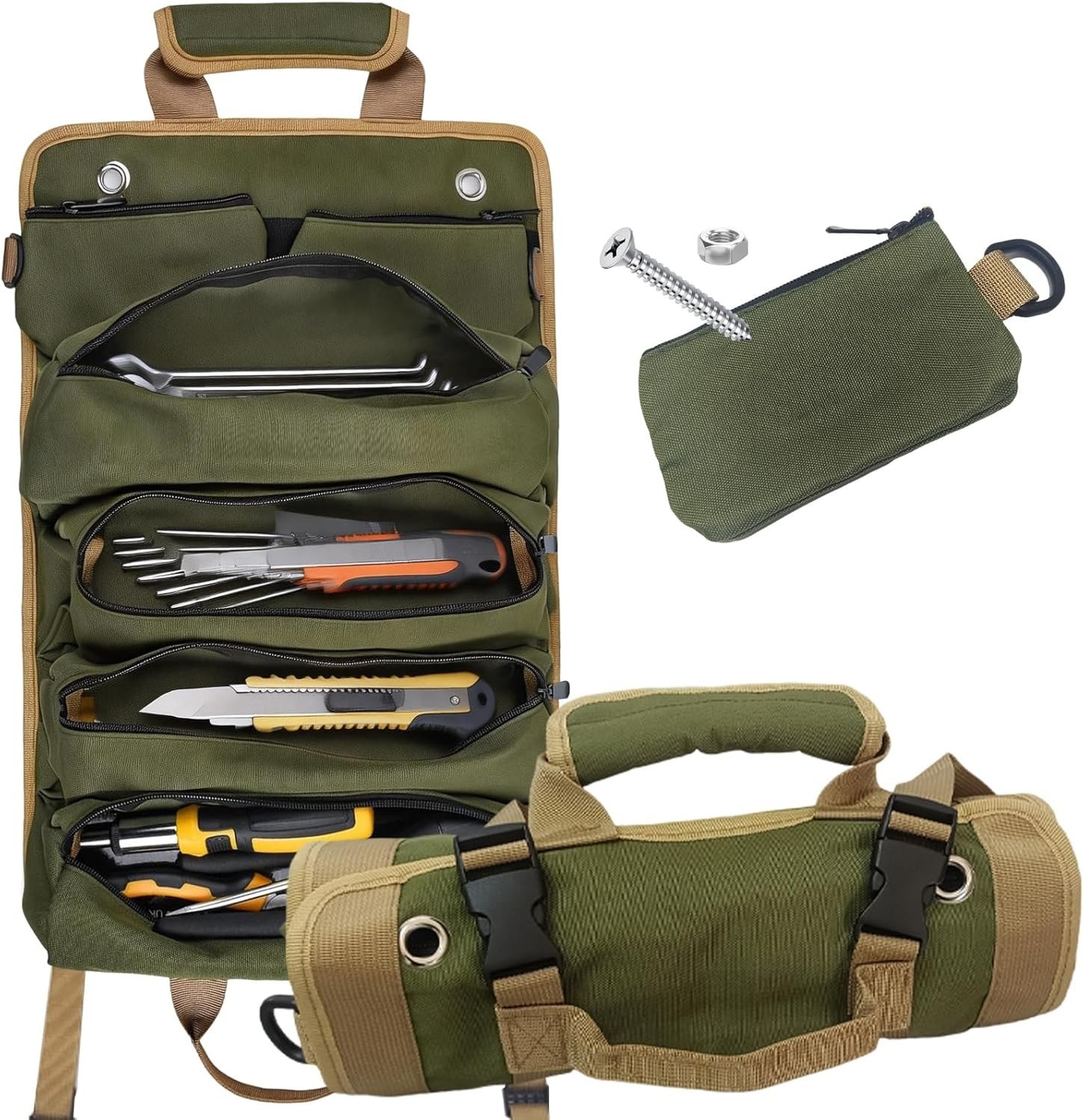 Roll Up Tool Bag, Heavy Duty Oxford cloth 4 compartments + 2 detachable pouches