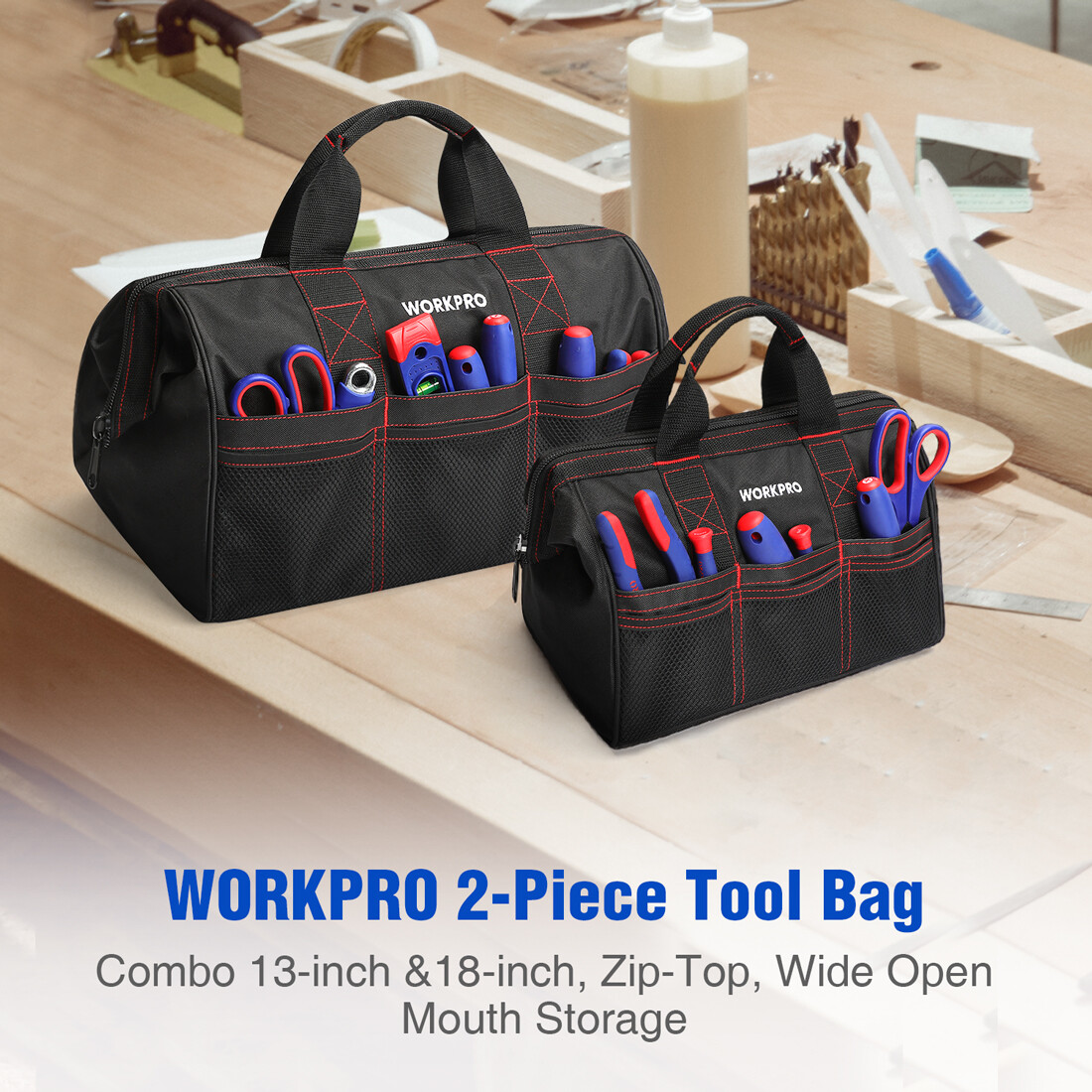 WORKPRO 2 Pieces 13″ 18″ TOOL BAG Wide Mouth Heavy Duty Tote Storage with Zipper