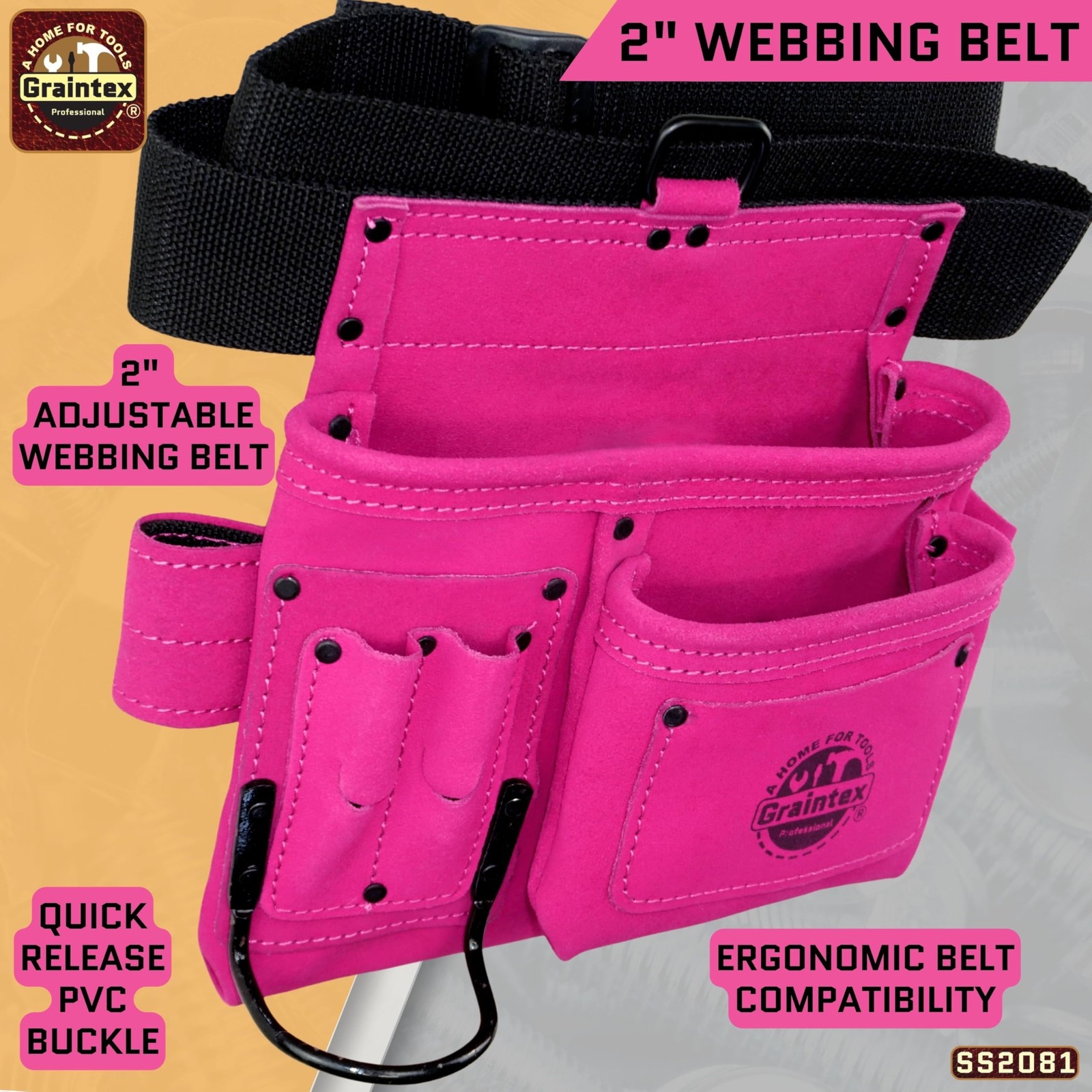 Graintex 5 Pocket Suede Leather Tool Belt/Bag | Pink | Multipurpose Leather T…
