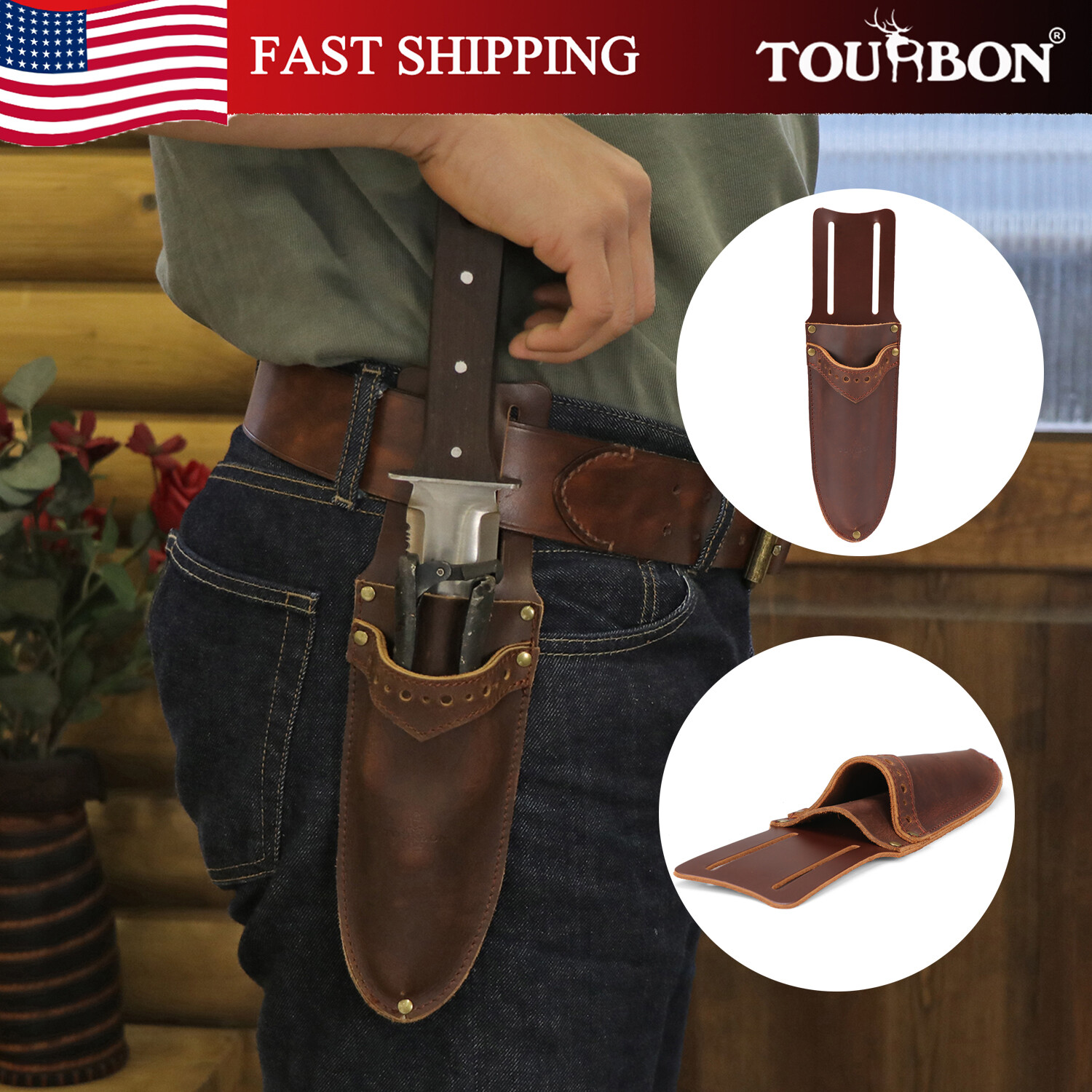TOURBON 2-in-1 Leather Gardening Tools Belt Holster Trowel Pruner Sheath Gift US