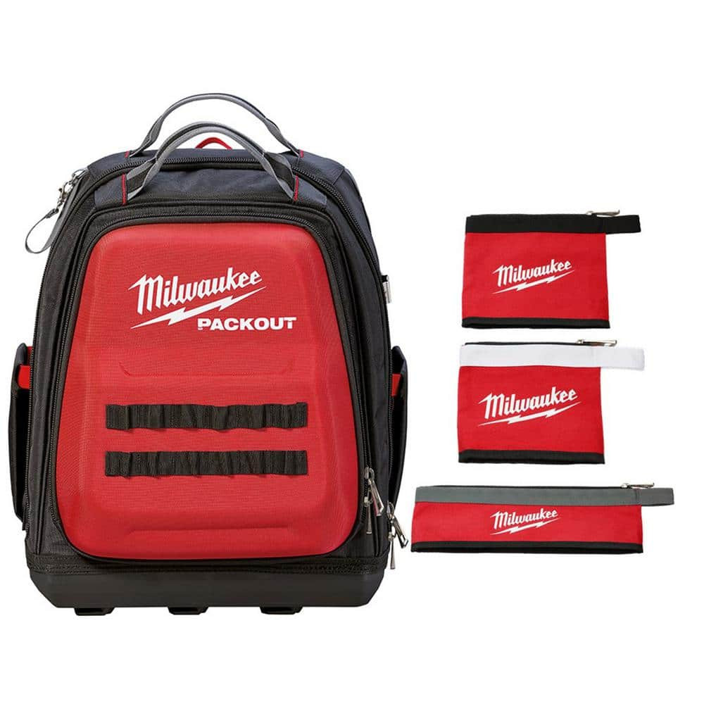 Hard Shell Pocket Back Pack + 3 Pack Multi Size Tool Bag Set Jobsite Contractor