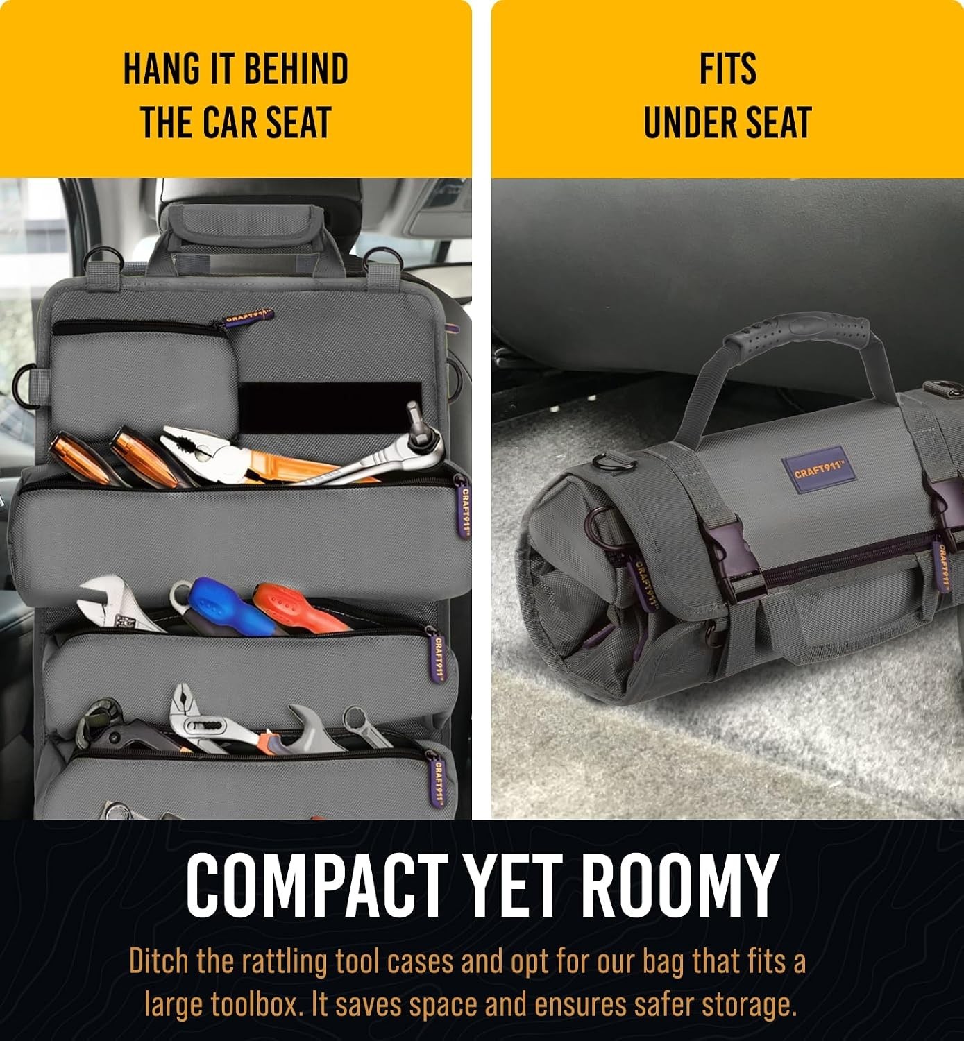 Compact Tool Bag Roll Gray Polyester Lifetime 6 Pouch