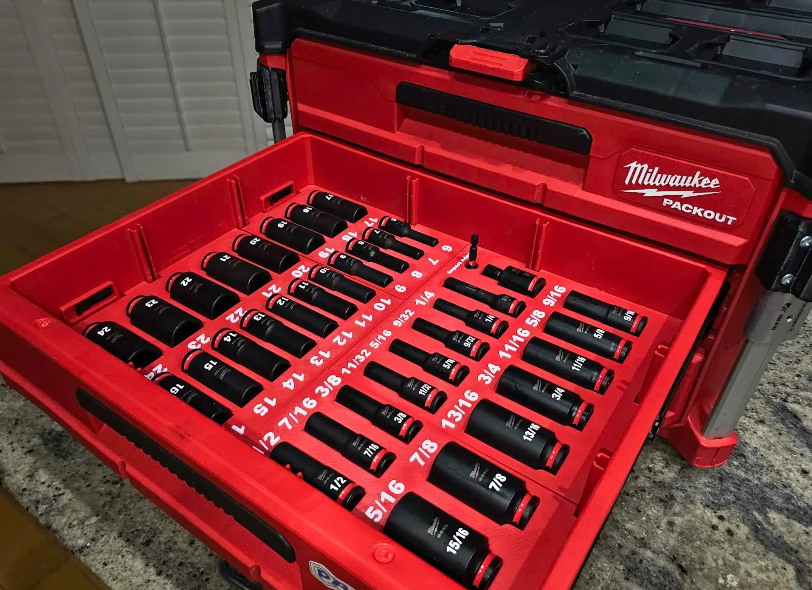 Dual 2 & 3 Drawer 3/8″ 36PC Socket Milwaukee Packout Insert PETG Organizer