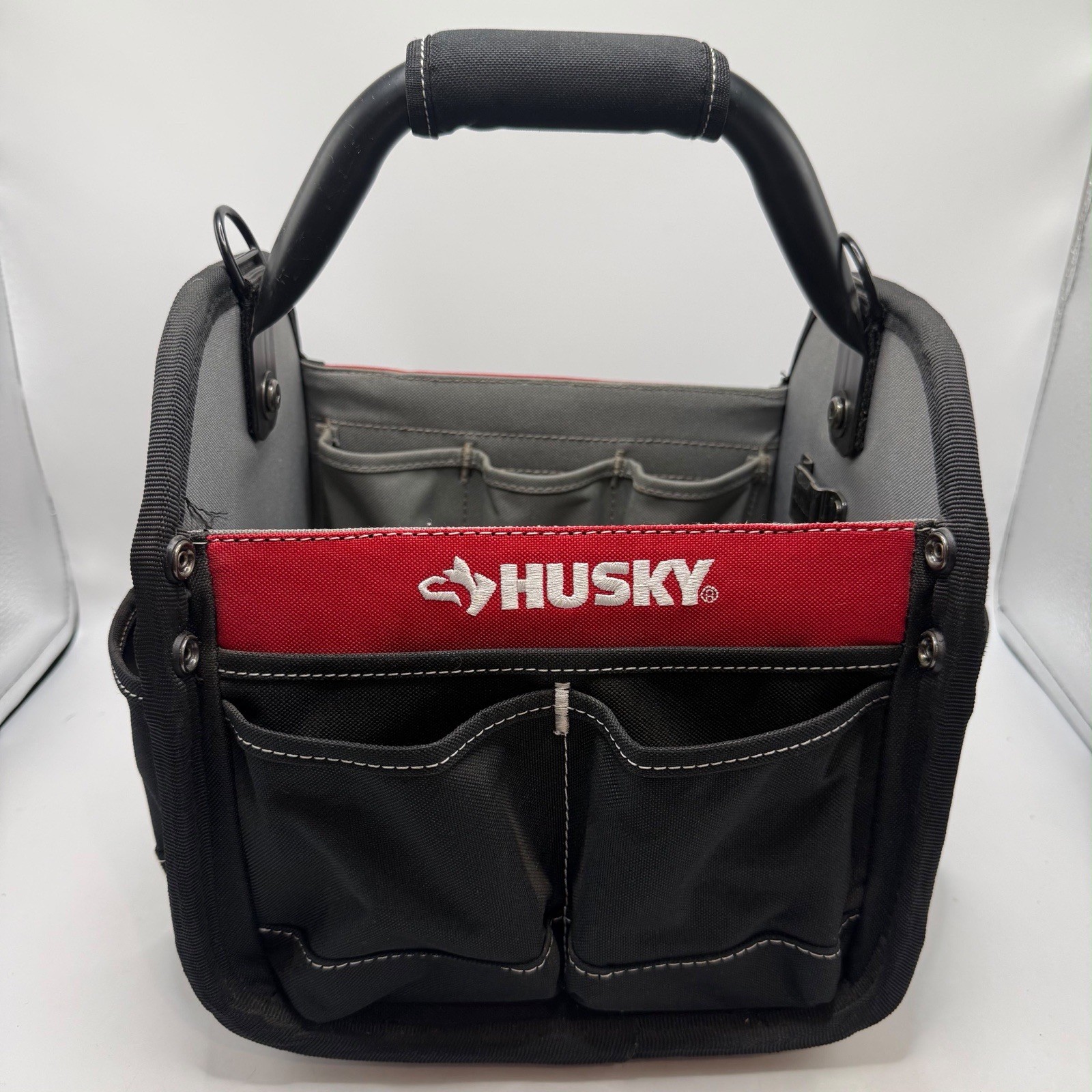 Husky 12” Tool Tote Bag Organizer Open Top Multi Pocket Heavy Duty Black Red