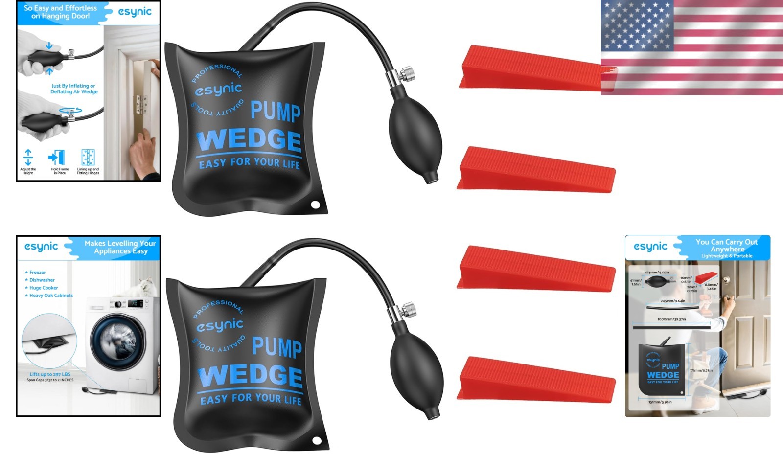 Heavy-Duty Air Wedge Bag Kit 2pc 300lbs w Quick-Release Valve & 4 Plastic Wedges