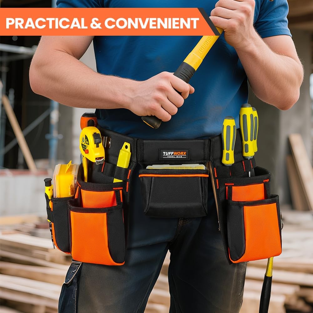 Tool Belt With Multiple Pockets Heavy Duty Construction Pouch Black And Orange