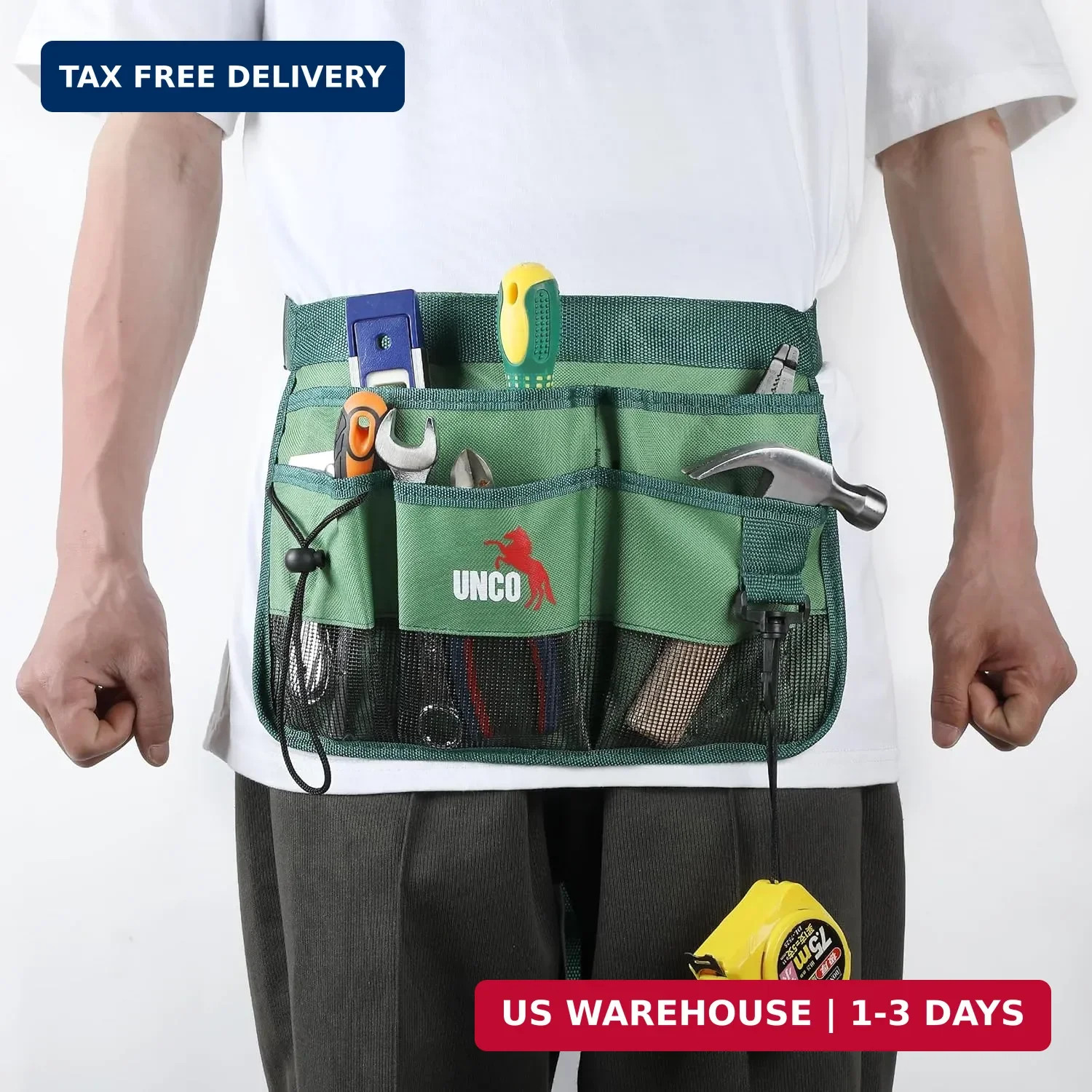 UNCO- Adjustable Gardening Belt, Green, 7 Pockets, Wear, Cut and Water Resistant