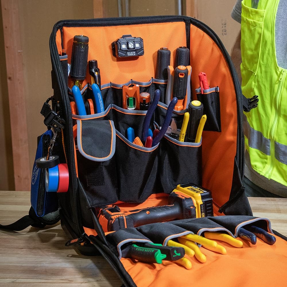 Klein Tools 62482 Tool Backpack, 27-Pocket Black/Gray/Orange
