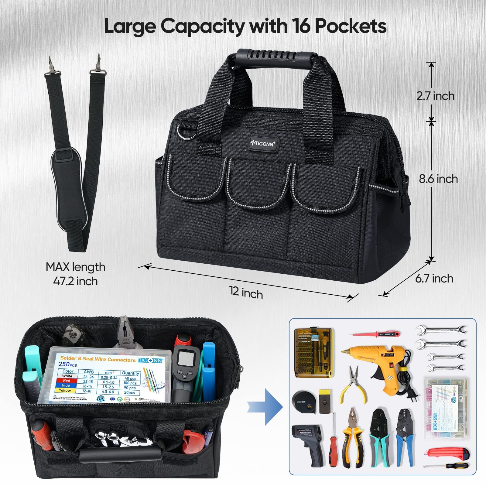 12in Tool Bag With Waterproof Soft Bottom Multipockets Wide Mouth Tool Tote With