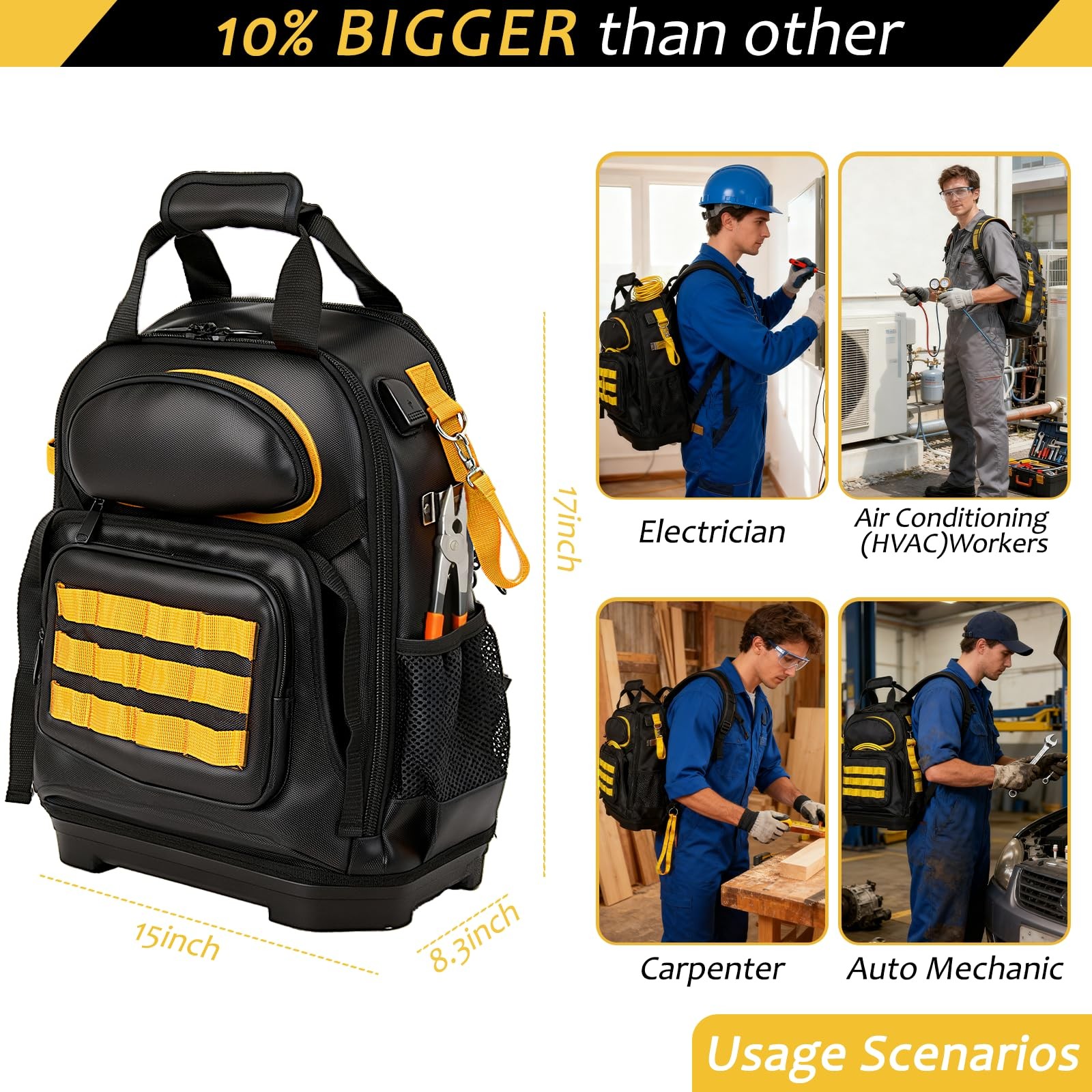 Tool Bag Backpack, Electrician Backpack 15″ L x 8.3″ W x 17″ H, Yellow