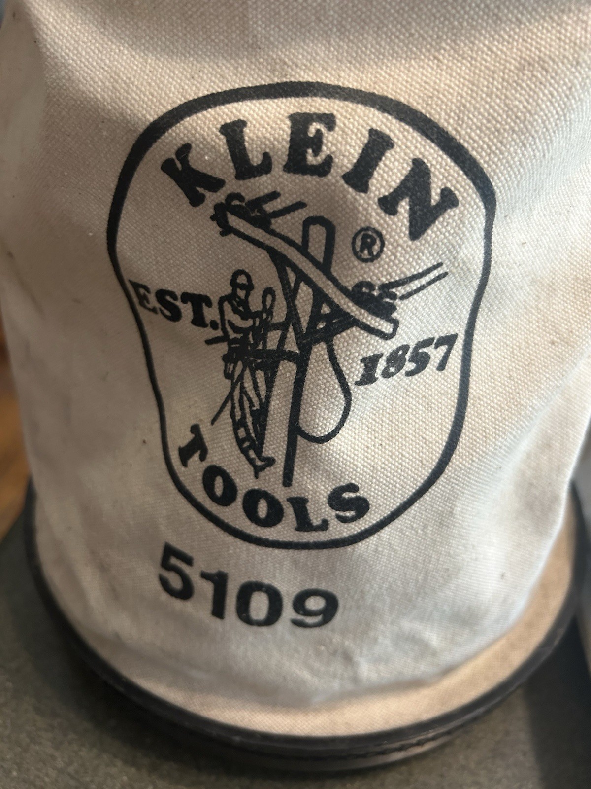 Vintage Klein Tools 5109 14″ Canvas Bucket Carrying Bag & Glove Bag & Gloves