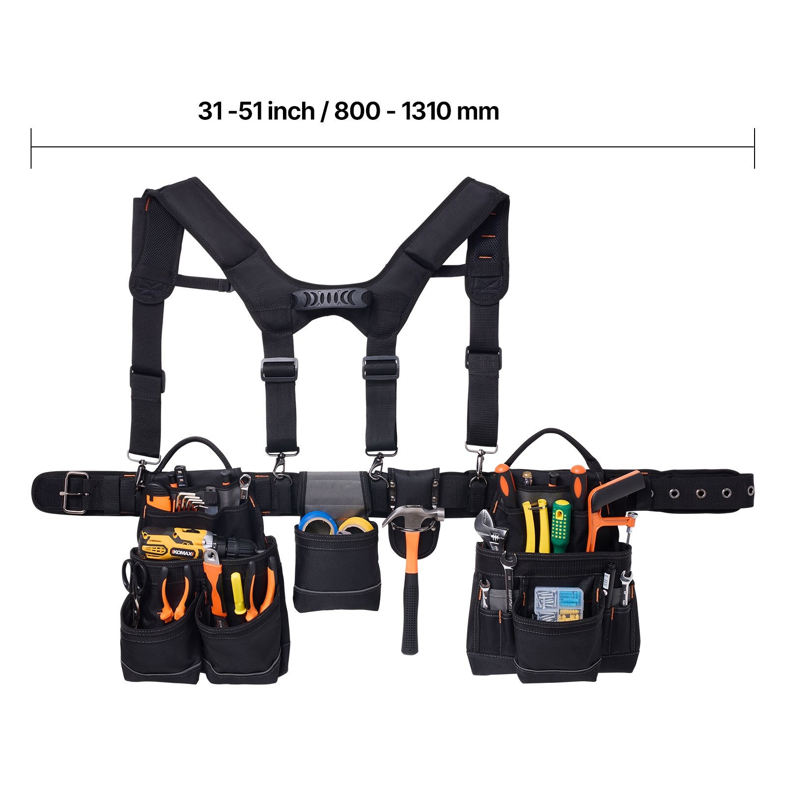 Professional Tool Belt — 19 Pockets, Suspenders, 31-51in Waist