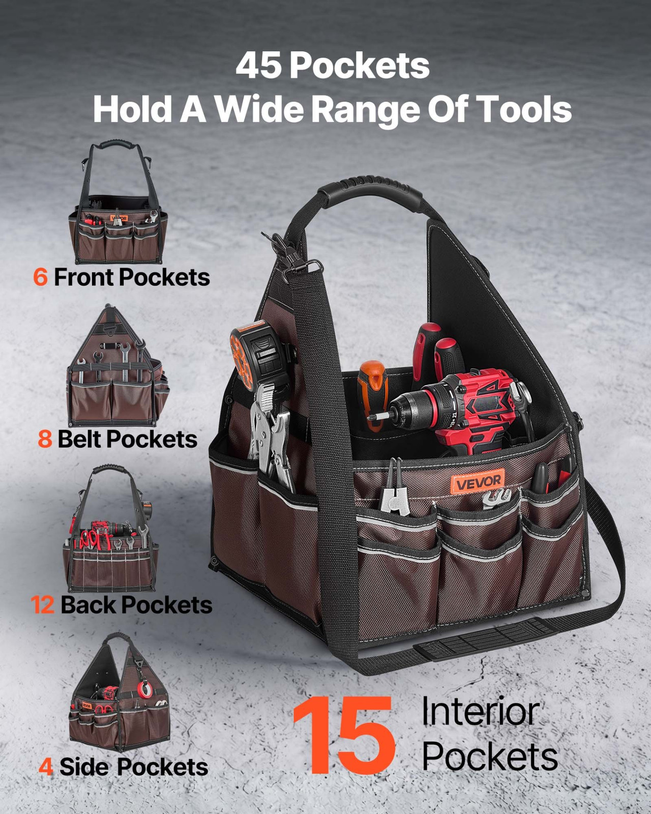 13″ Tool Bag 45 Pocket Open Top Tool Tote Organizer w/ Shoulder Strap
