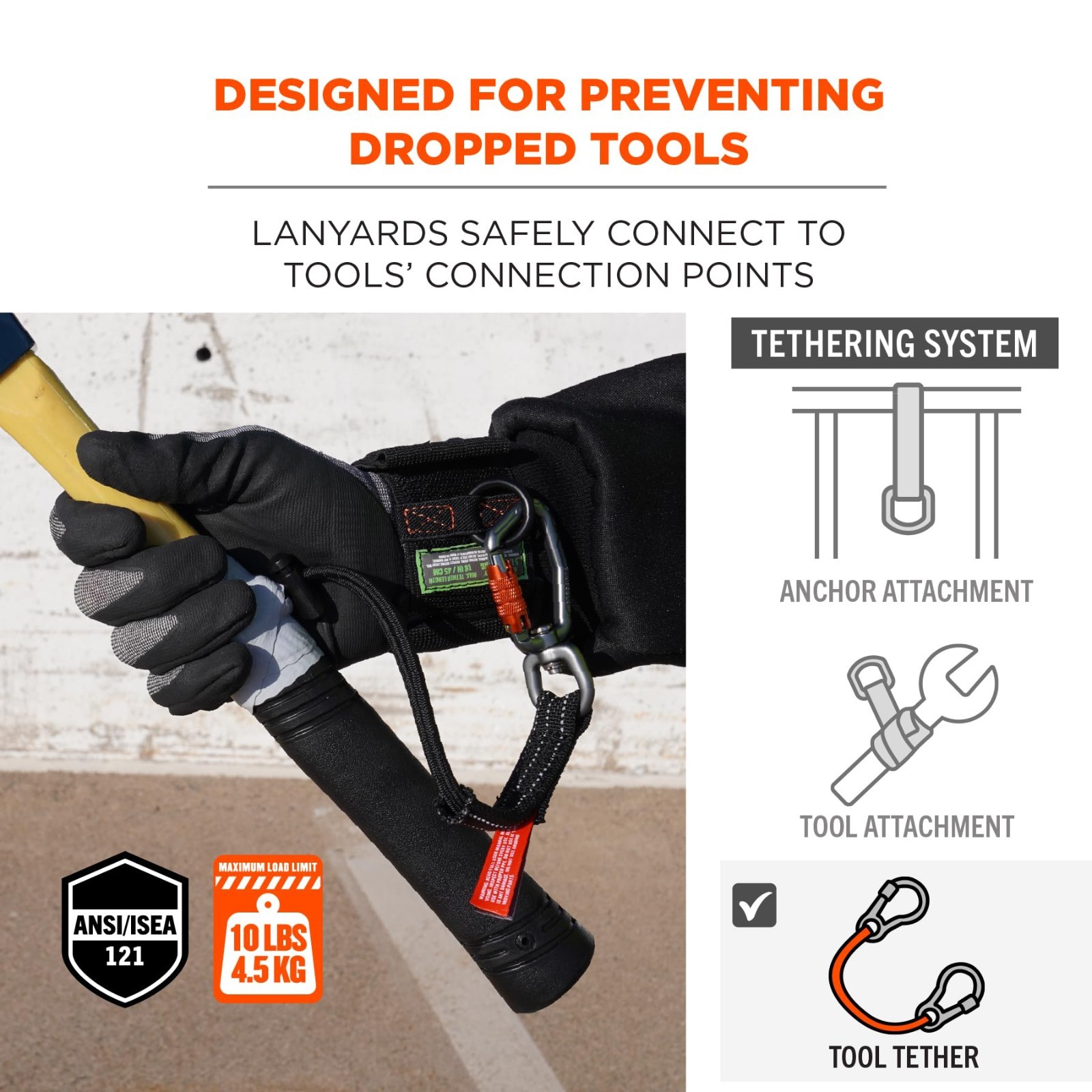 Tool Lanyard & Tethering Attachment with Carabiner, 10lbs Weight Rating, 3-Pack