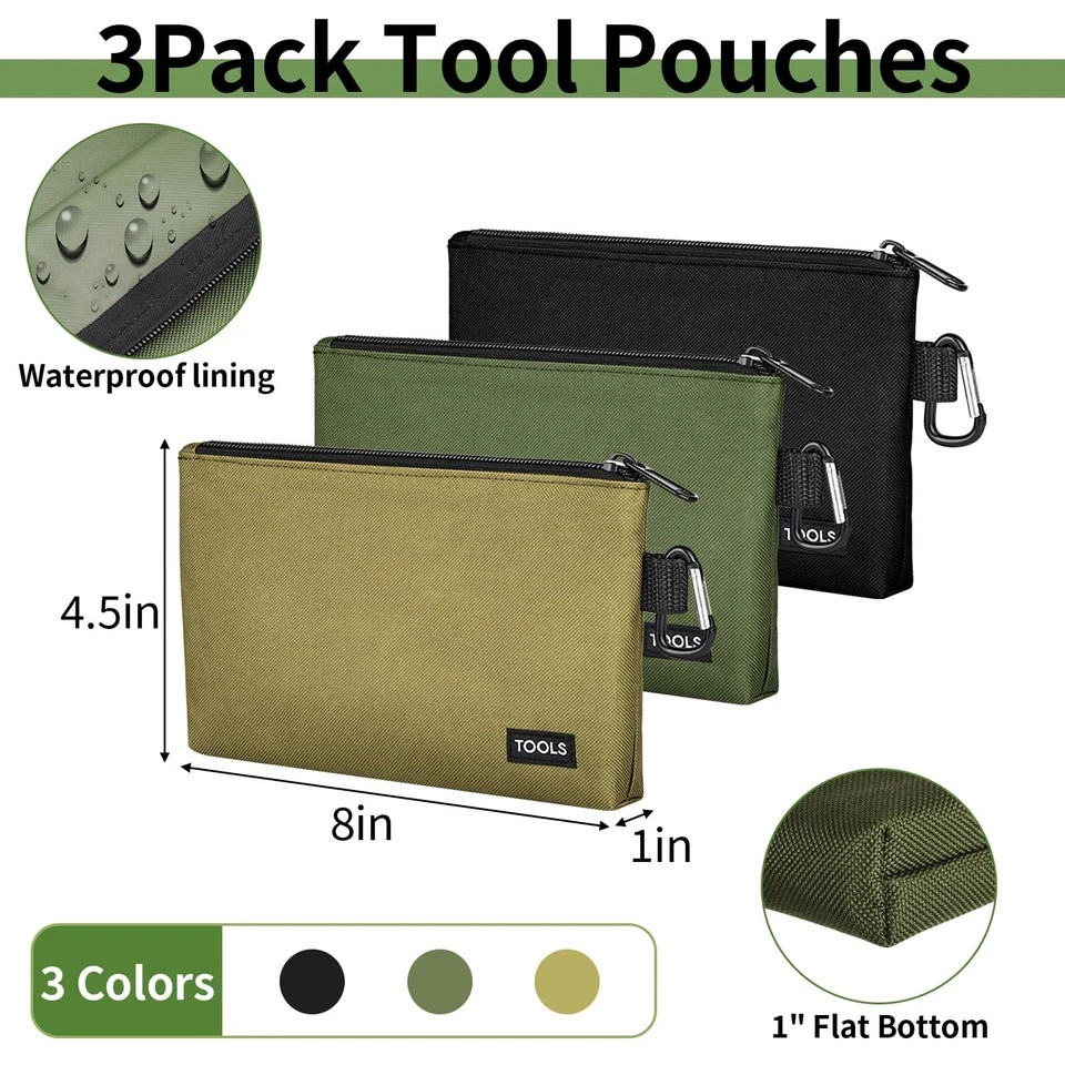 3 Pack Premium Tool Pouches Zipper Bag, 8 in Small Tools Bags with Carabiner,…