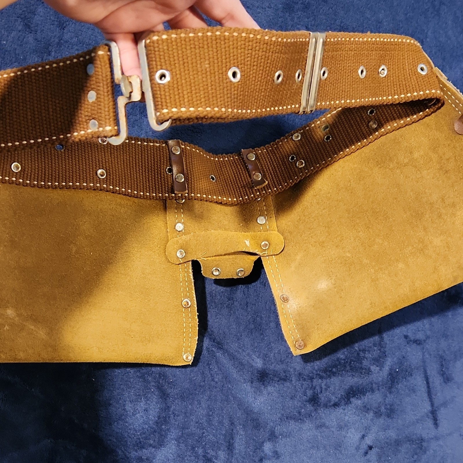 Brown/Tan Leather Tool Belt with Dual Pouches, Adjustable Web Belt, 1pc