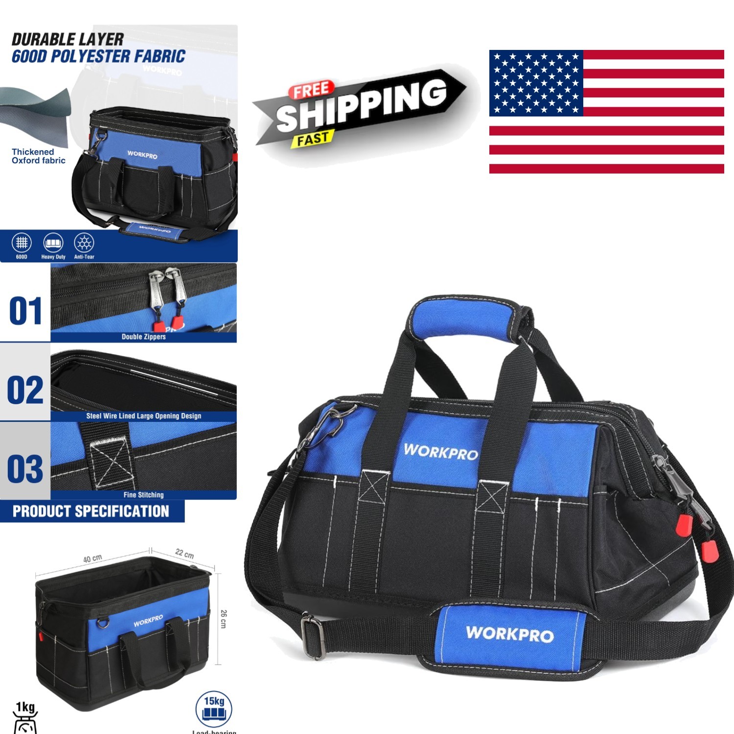 Heavy Duty Tool Bag 16 Inch Wide Mouth with Waterproof Base and Padded Handle