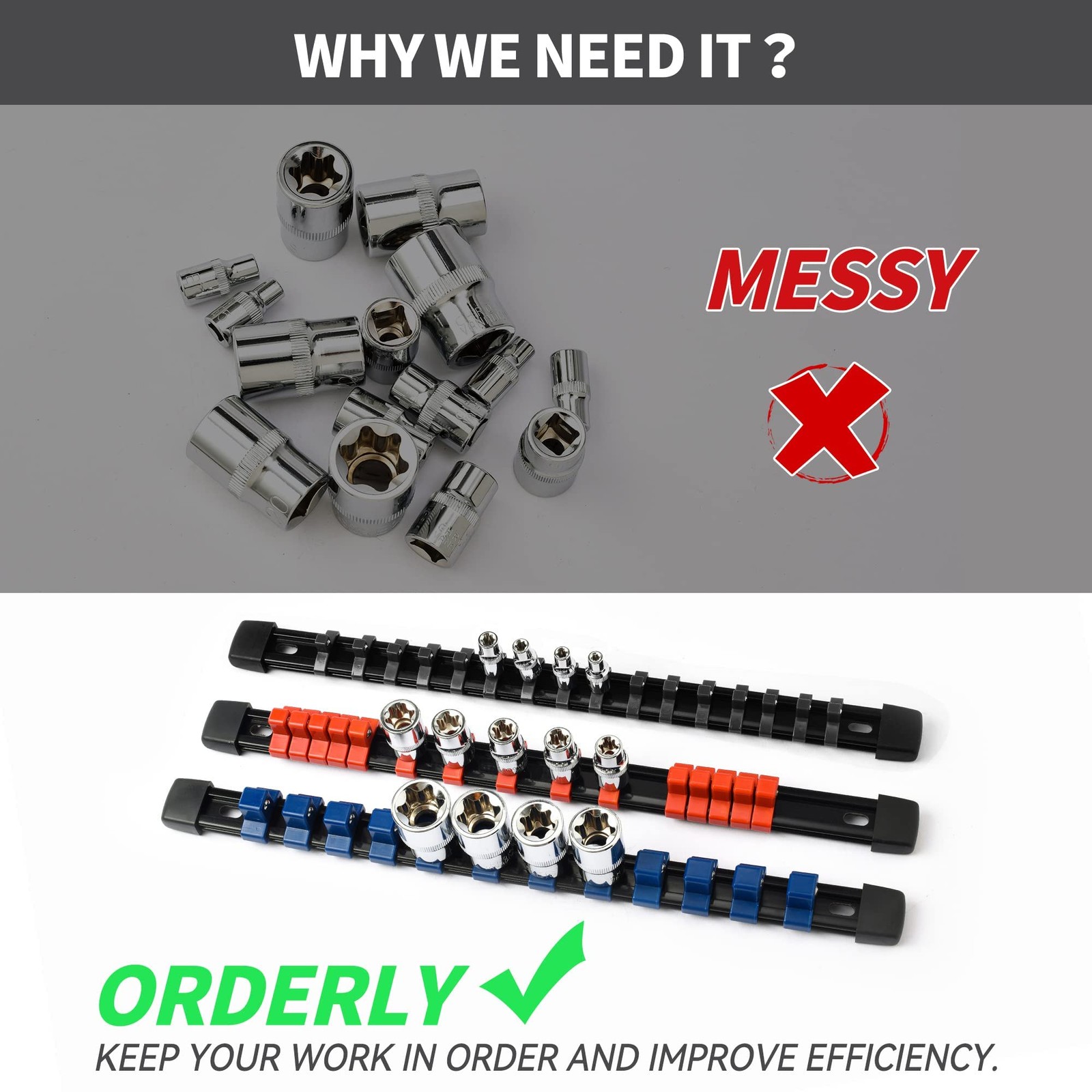18 Piece Socket Holder Rails Holds 258 1/4 3/8 1/2 Drive ABS Plastic tool 3Color