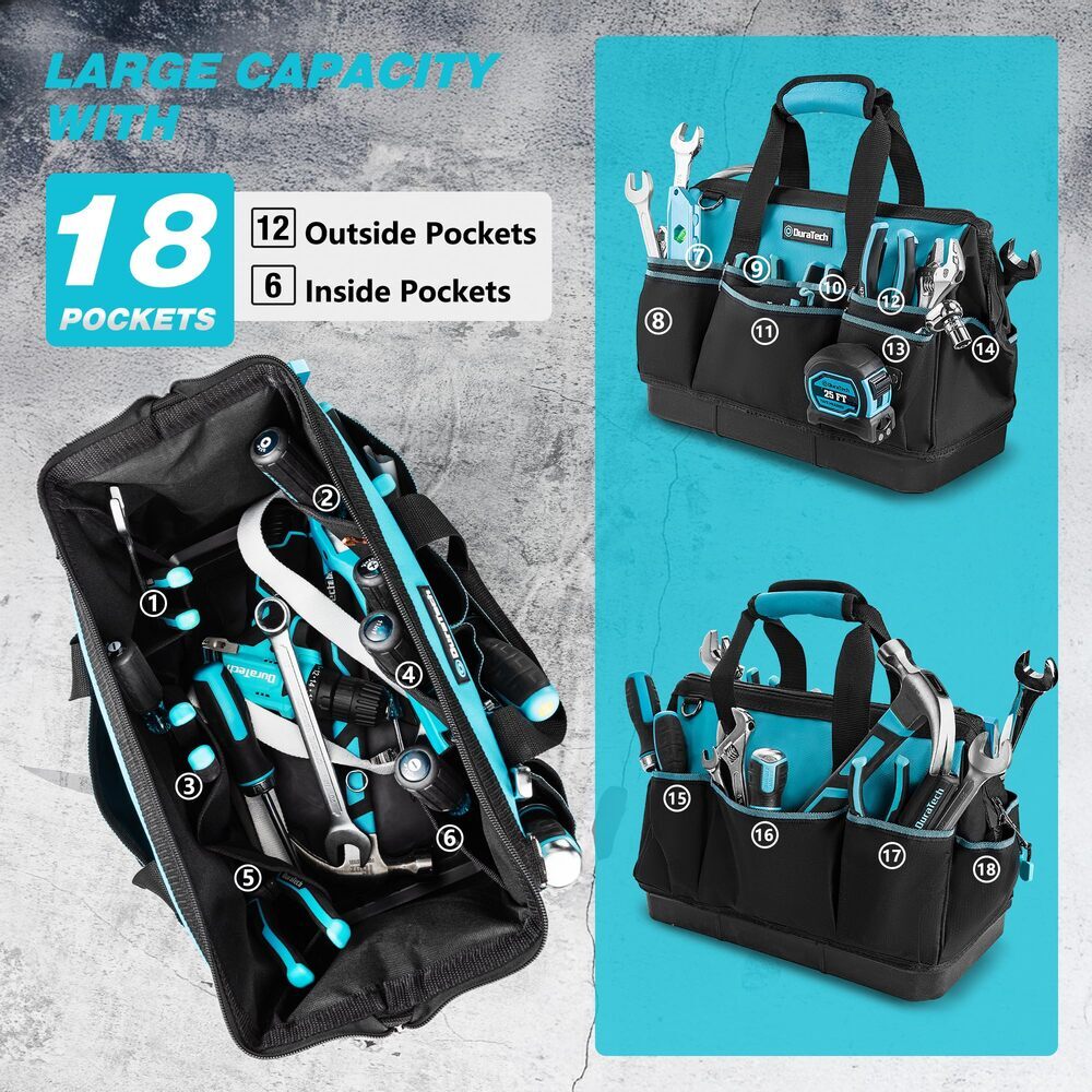 DURATECH 16″ Heavy Duty Tool Bag 18Pocket Tool Organizer Wide Open Mouth Toolbag