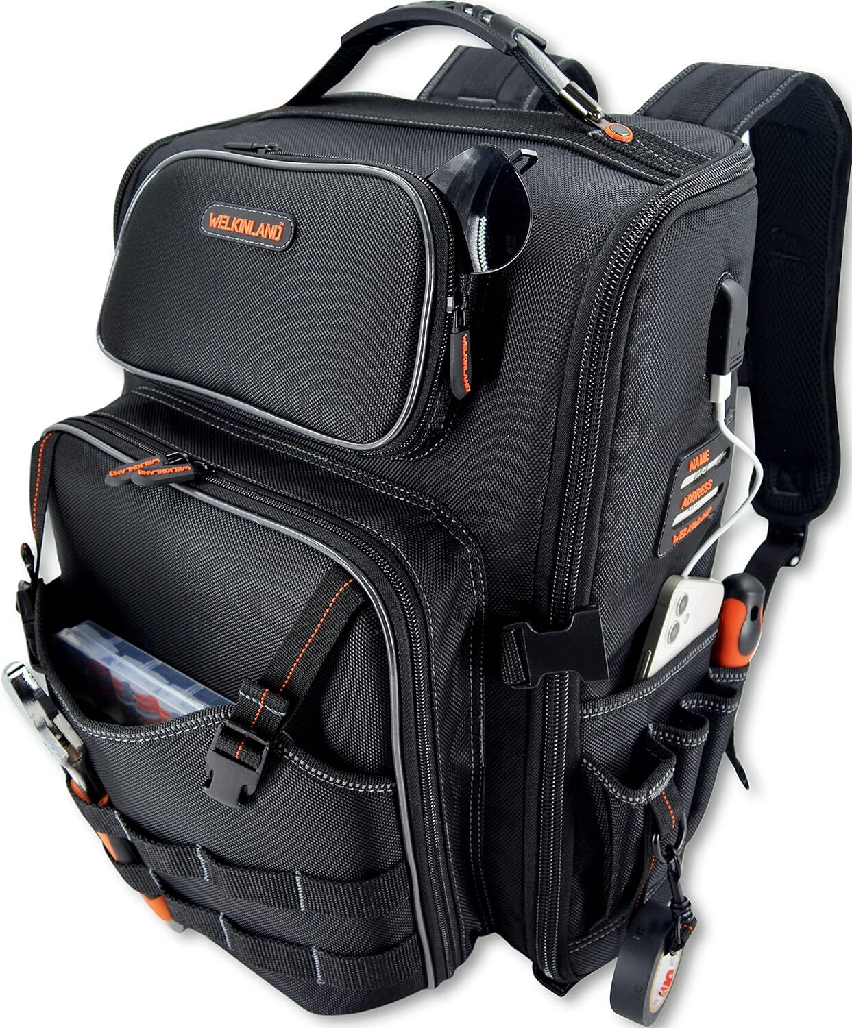 WELKINLAND Full-Open Tool backpack, bag Black w/ Orange