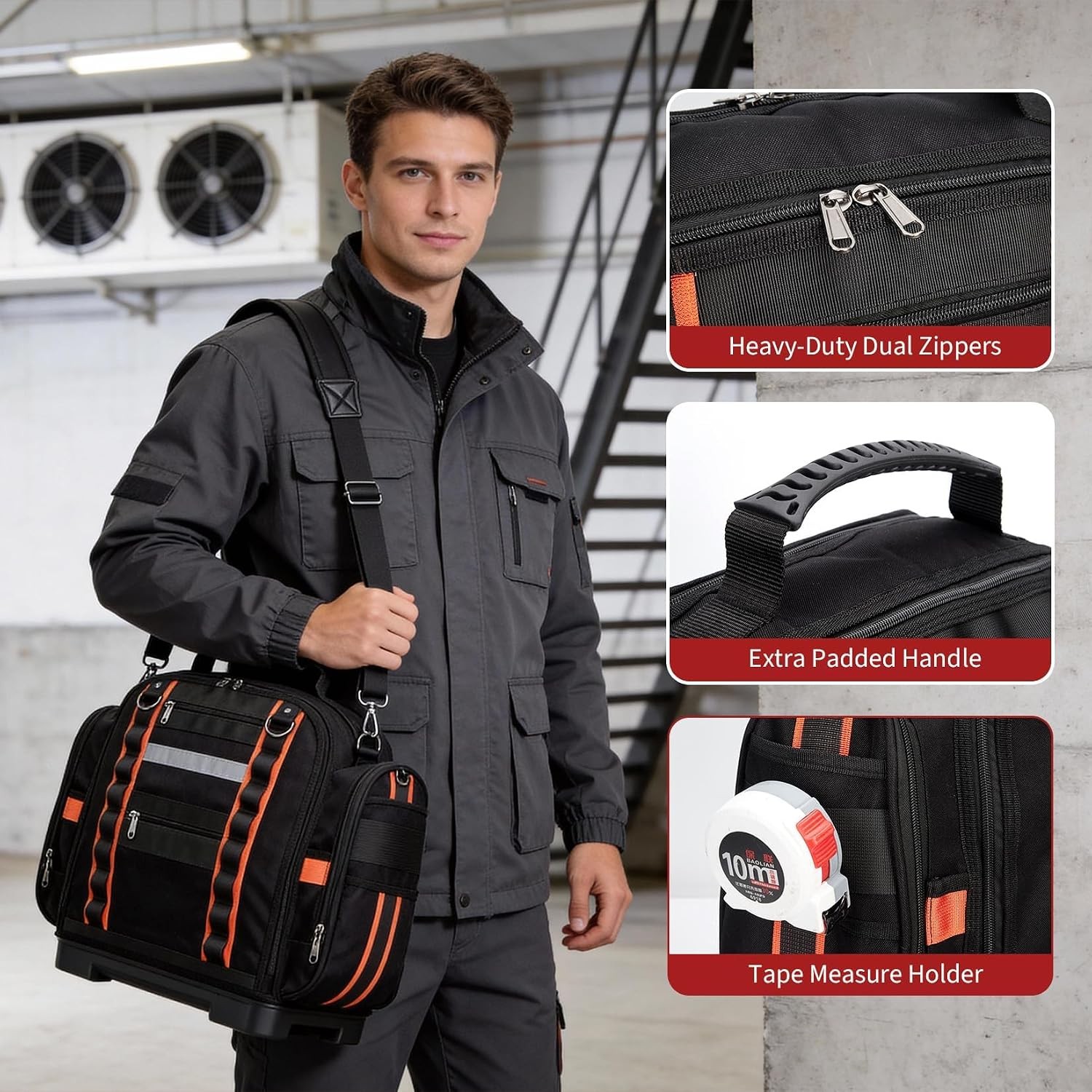 2 Tier Tool Storage Tote Bag 40cm Polyester Removable Cases Hard Bottom Black