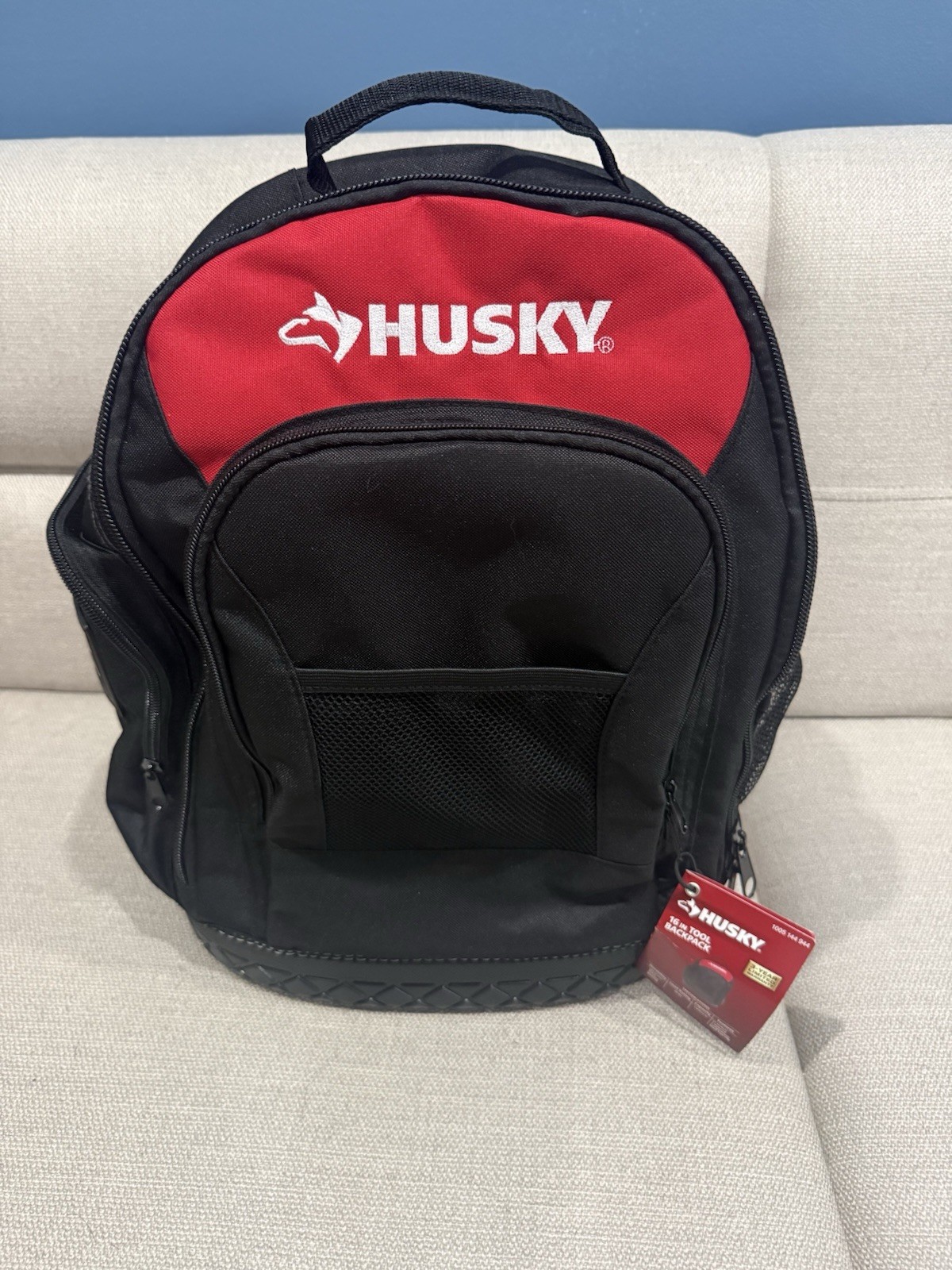 Husky 14 in Tool Backpack Black/Red Polyester, Padded Straps, Handle